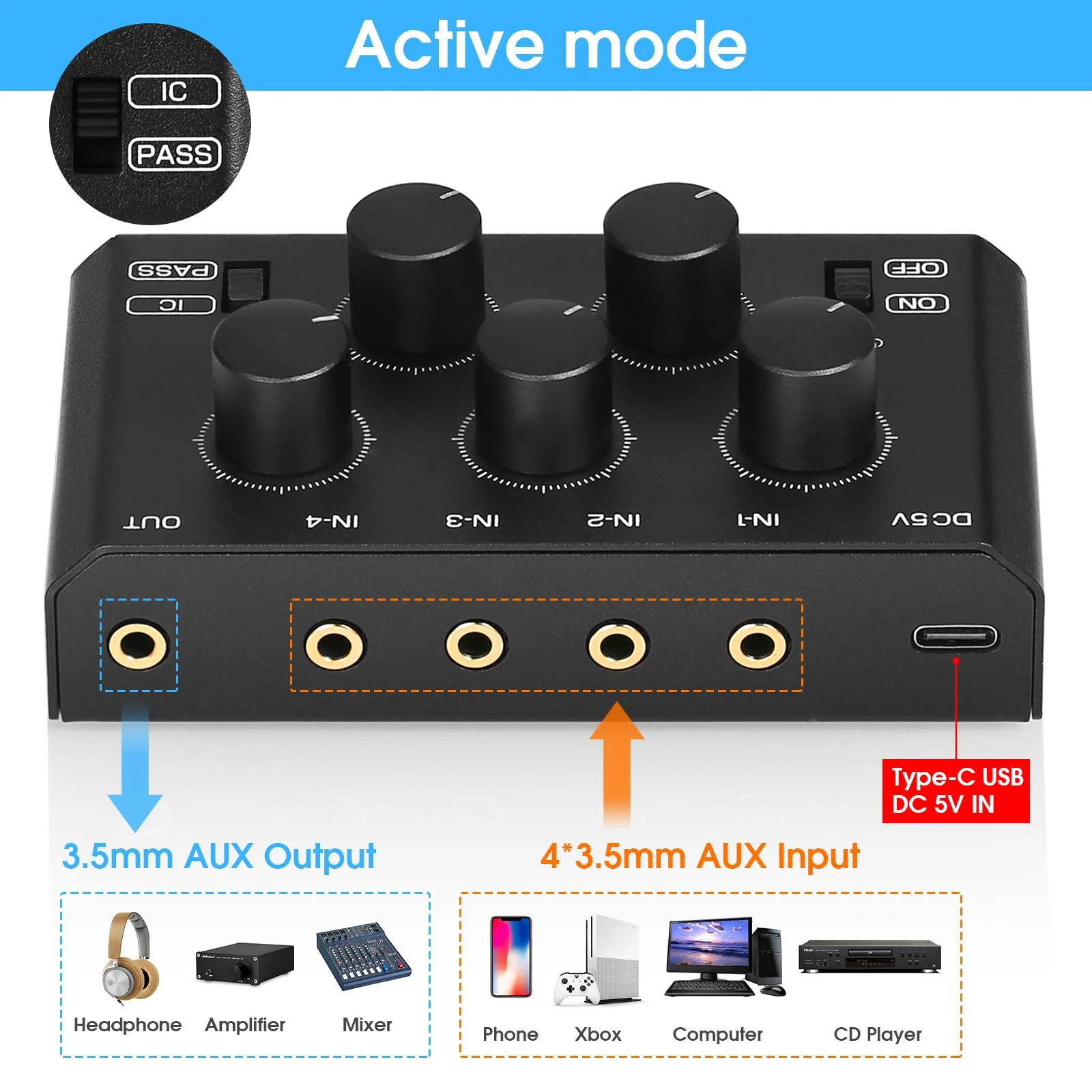 DoukAudio MC5-BX Mini Audio Mixer: 4-Channel Ultra Low-Noise Stereo Line Mixer for Home Studio Bar, Active & Passive Modes, Portable Metal Design for Musicians DJs - Image 3