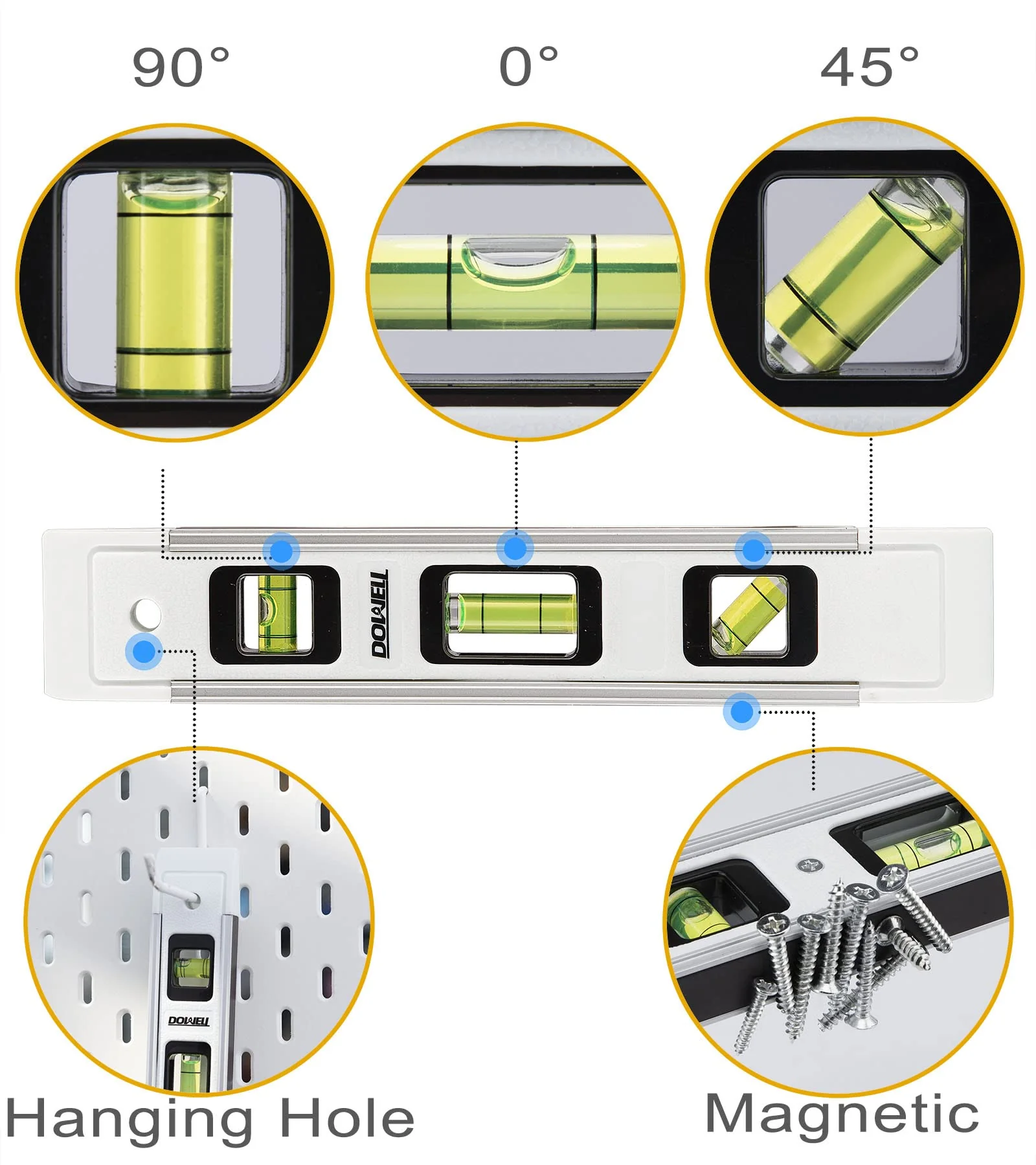 DOWELL Magnetic Torpedo Level 23cm Mini Dragonfly Spirit Level with Aluminum Frame 180/90/45 Degrees (1 Piece, White) 1 - Image 2