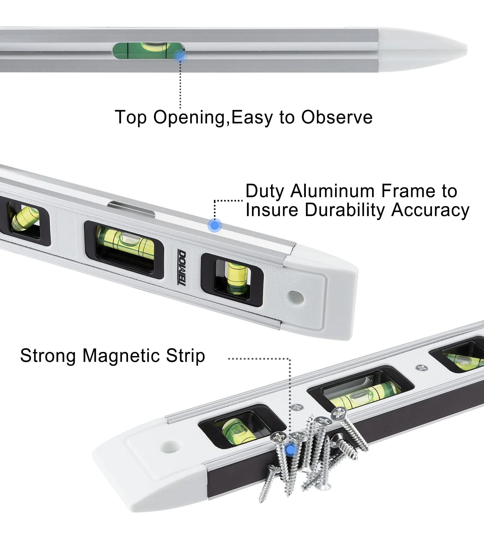 DOWELL Magnetic Torpedo Level 23cm Mini Dragonfly Spirit Level with Aluminum Frame 180/90/45 Degrees (1 Piece, White) 1 - Image 4