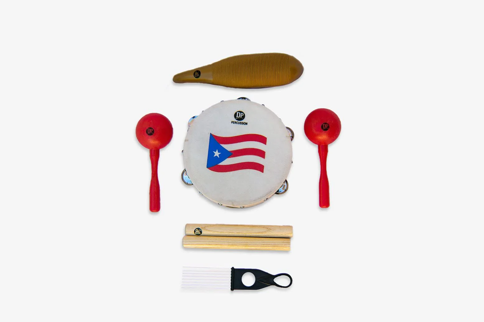 DP Music Parranda Kit Percussion with Carrying Bag - Puerto Rico Flag 8 Inches Tambourine - Claves - Plastic Güiro & Maracas (Maracas Red) Maracas Red - Image 2