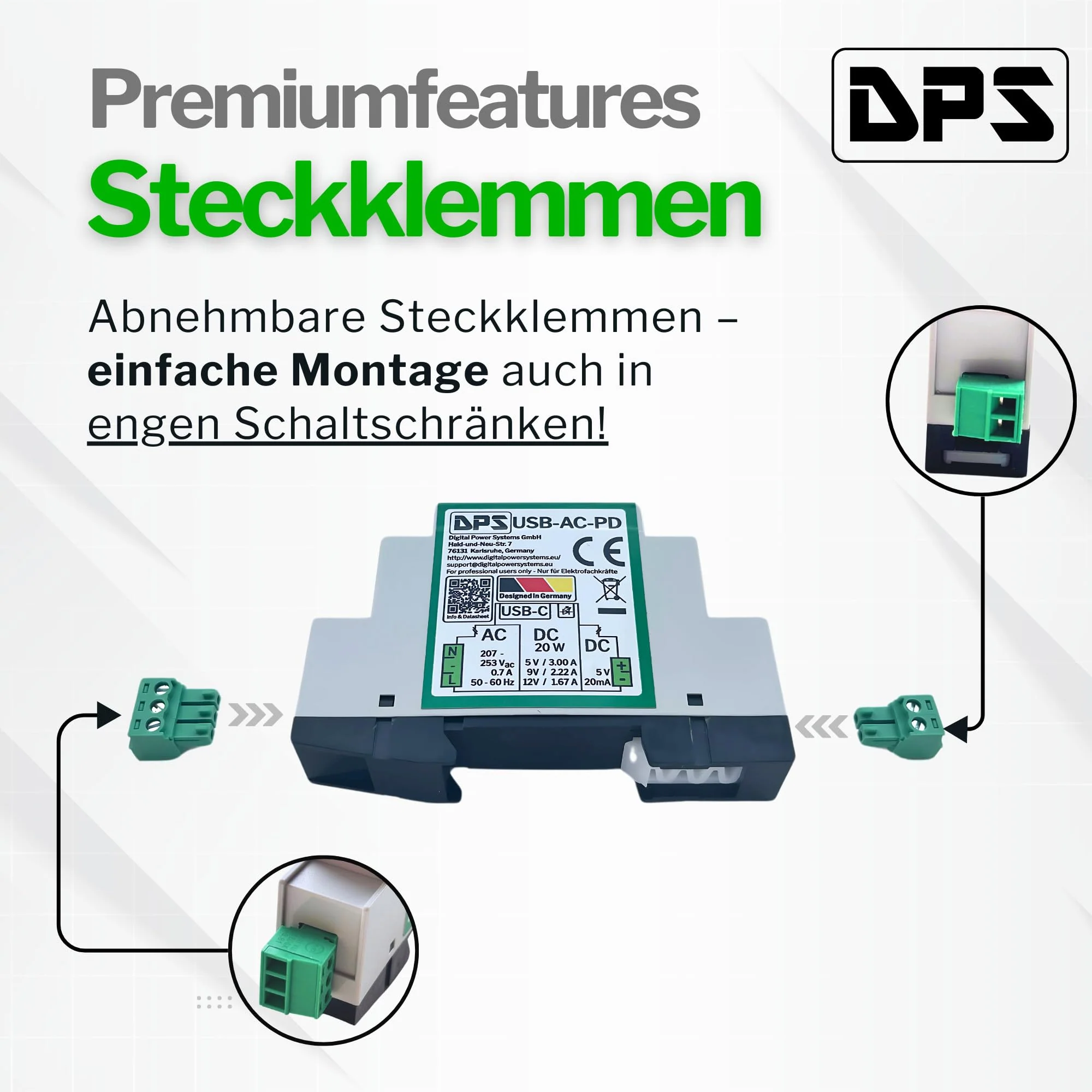 DPS DIN Rail Power Supply USB-C 230V AC, 20W Power Delivery - 5V/9V/12V - with Short Circuit & Surge Protection - Industrial Quality USB-C-AC-PD - Image 3