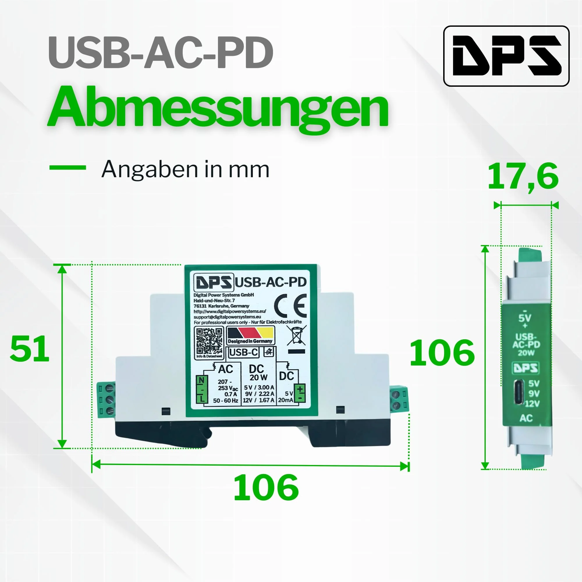 DPS DIN Rail Power Supply USB-C 230V AC, 20W Power Delivery - 5V/9V/12V - with Short Circuit & Surge Protection - Industrial Quality USB-C-AC-PD - Image 4