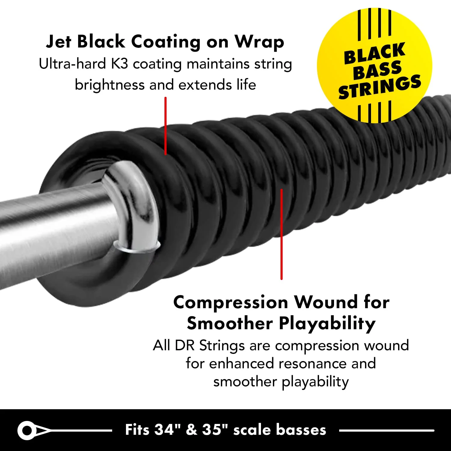 DR Strings Bass Guitar Strings, Black Beauties - Black Coated, 50-110 (BKBT-50) 4-String(50-110) - Image 3