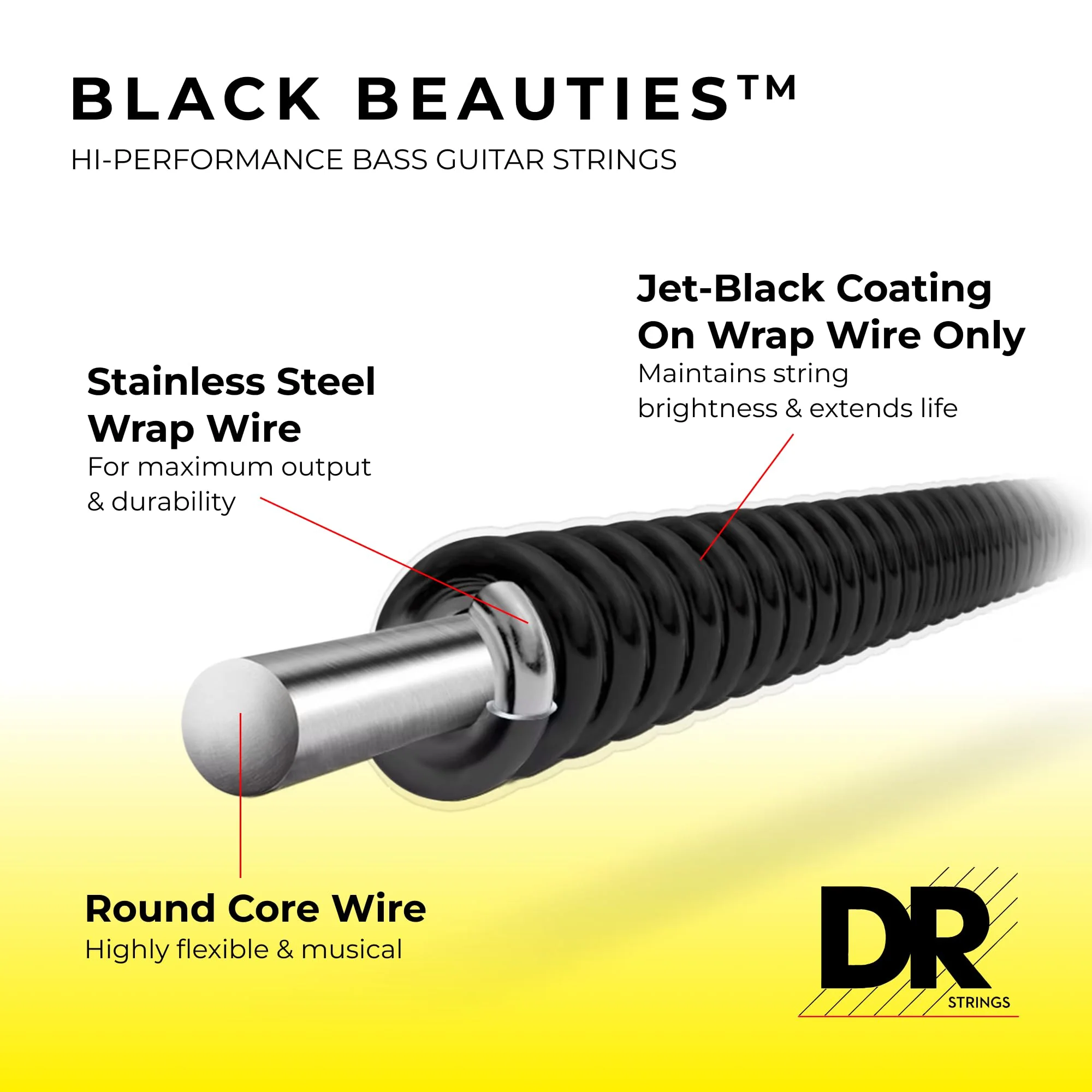 DR Strings Black Beauties BKB-45 Coated Black Bass Guitar Strings – Medium Gauge, Medium Scale 4-String(45-105) - Image 3
