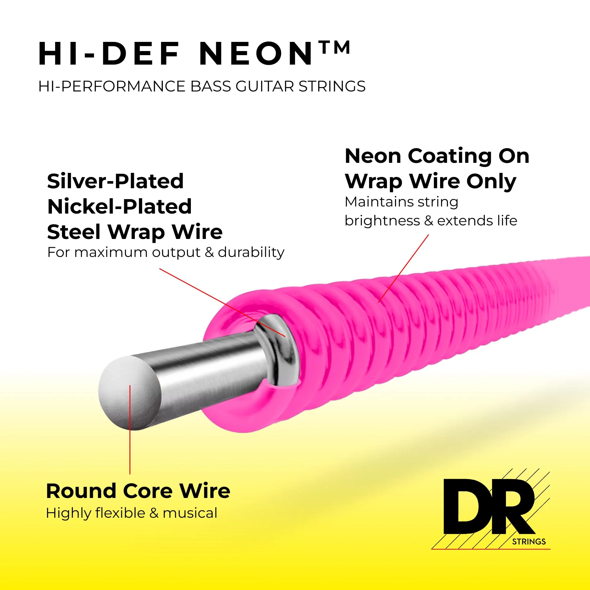 DR Strings HI-DEF NEON Bass Guitar Strings (NPB5-45) NEON™ PINK: 5-String Medium 45-125 - Image 2