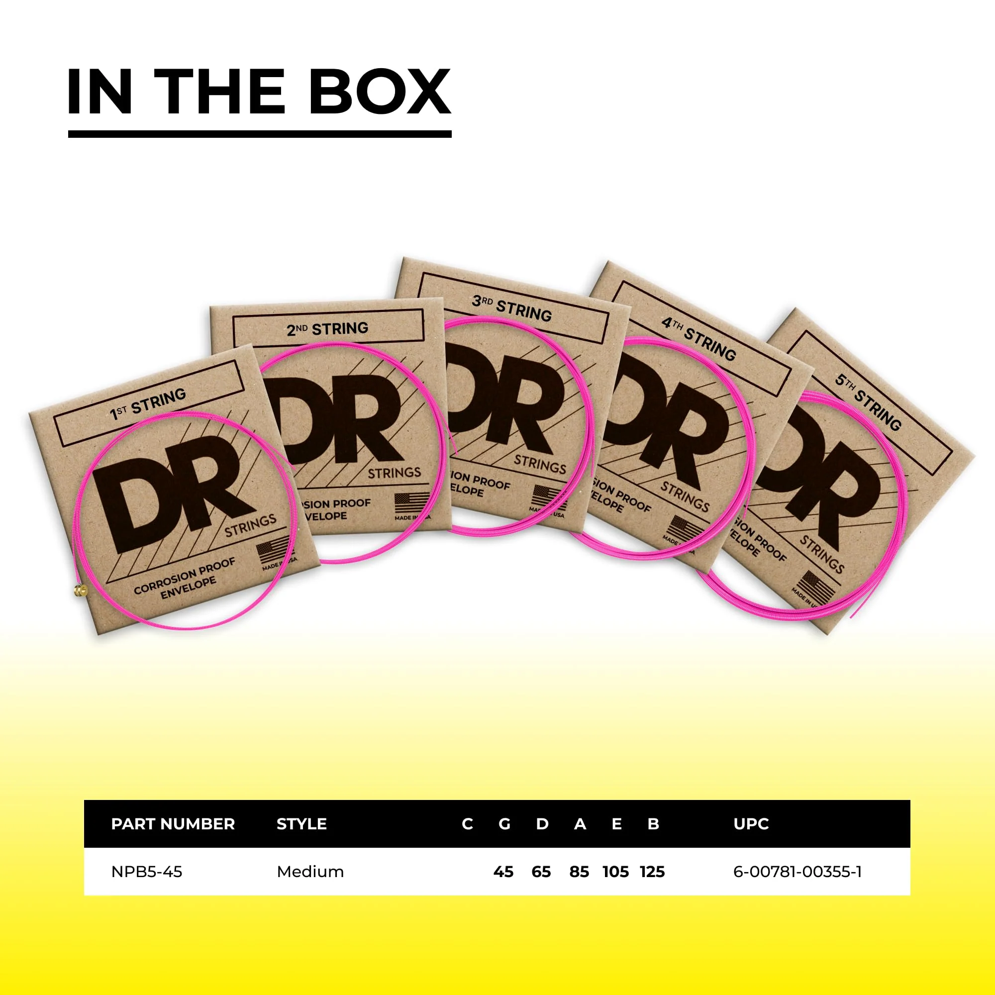 DR Strings HI-DEF NEON Bass Guitar Strings (NPB5-45) NEON™ PINK: 5-String Medium 45-125 - Image 4