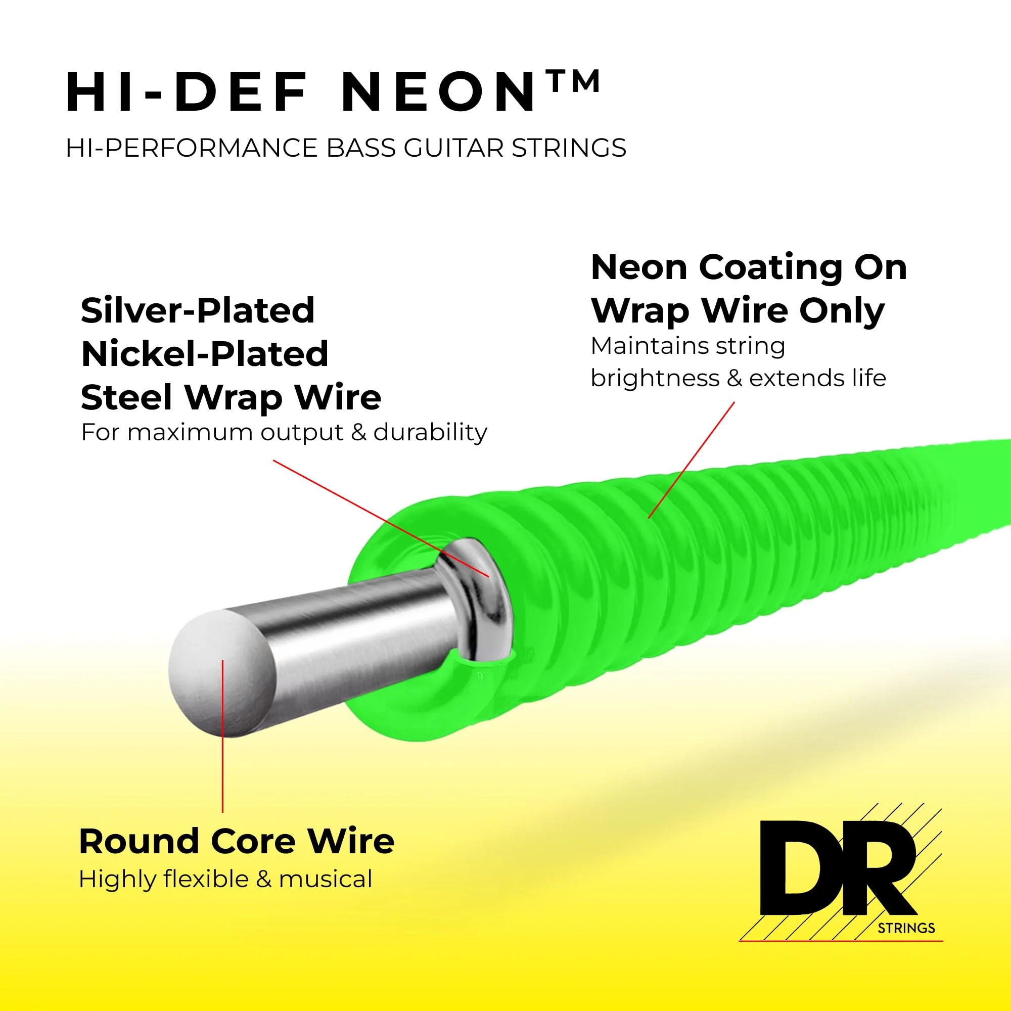 DR Strings Hi-Def NEON Green Coated 4-String Bass Strings Heavy (50-110) - Image 2