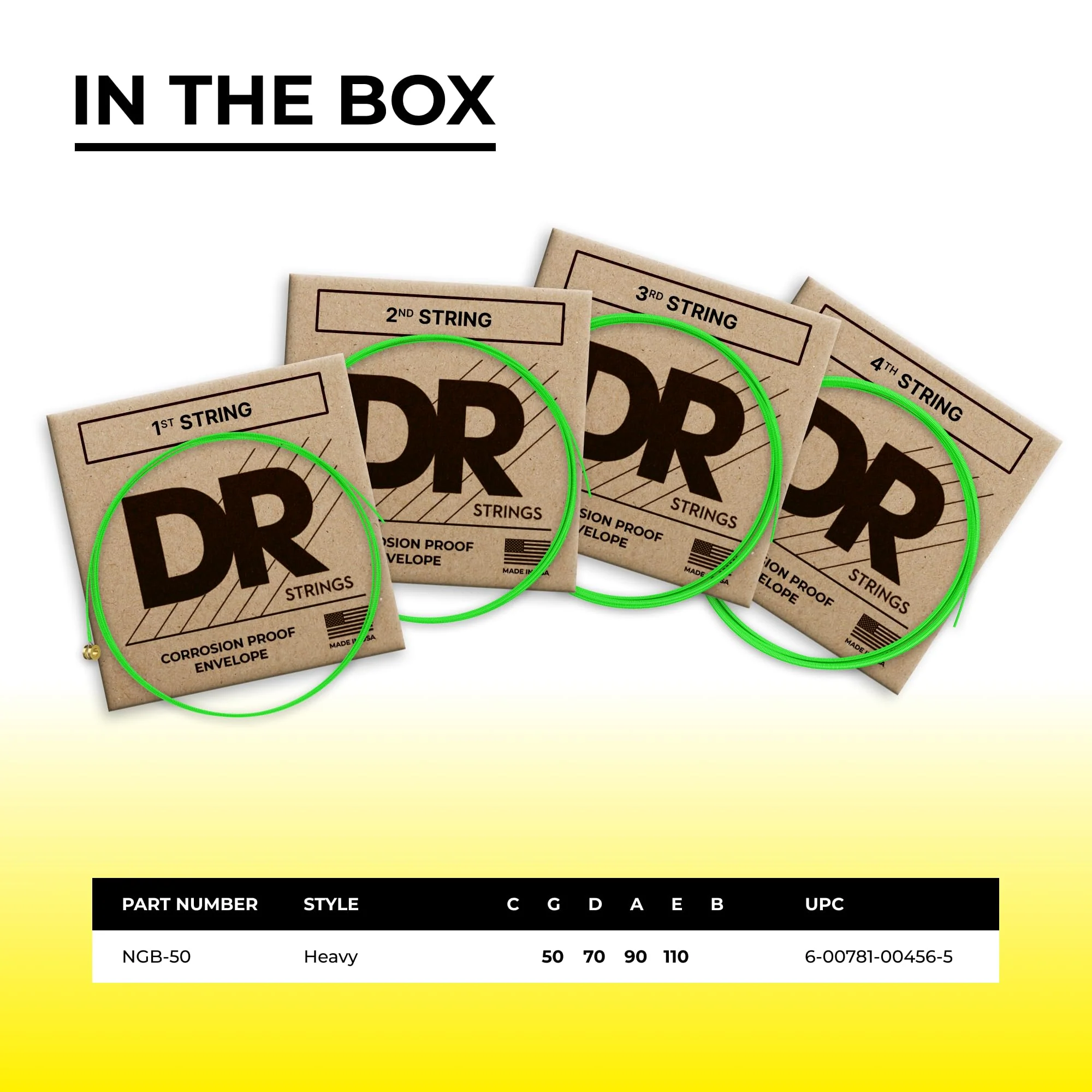 DR Strings Hi-Def NEON Green Coated 4-String Bass Strings Heavy (50-110) - Image 4