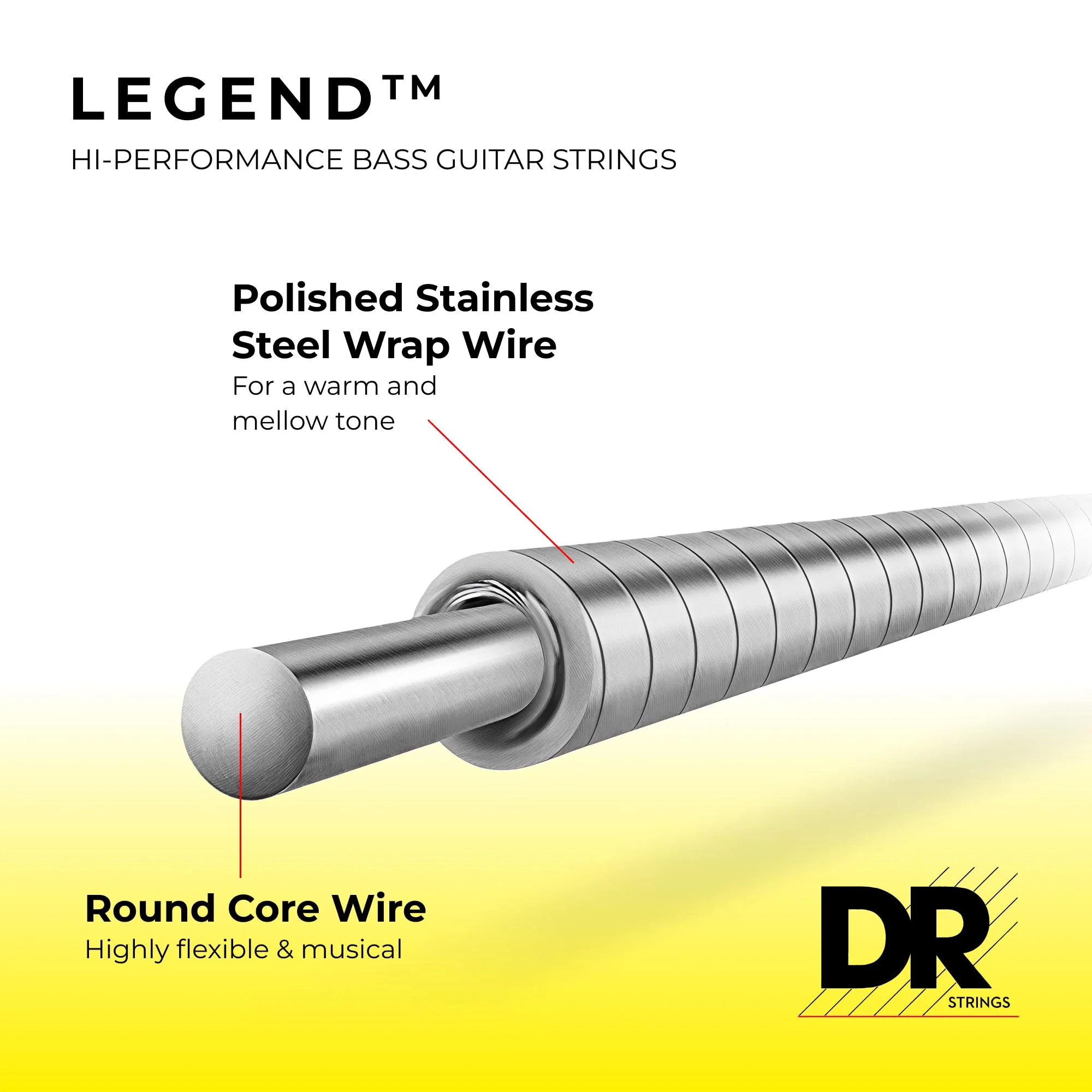 DR Strings LEGEND - Polished Flatwound Stainless Steel Bass Strings: 5-String Medium 45-125 String Bass - Image 2