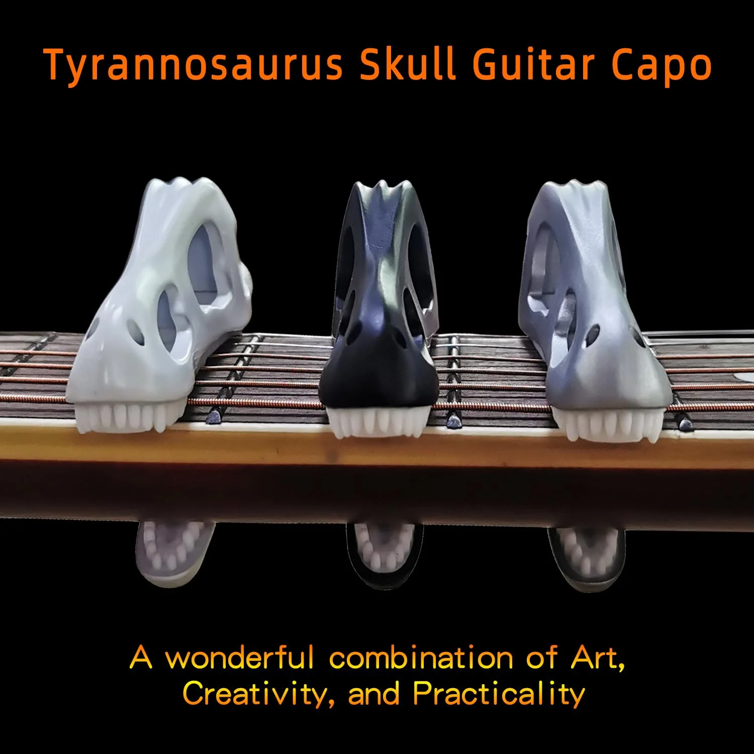 Dragon Skull Guitar Capo - Zinc Alloy Clamp with Silicone Teeth, Universal Adjustable Capo for Acoustic/Electric Guitars, Bass, Ukulele | Non-Slip Design, No Buzzing, Tyrannosaurus Head Shape (White) White - Image 5