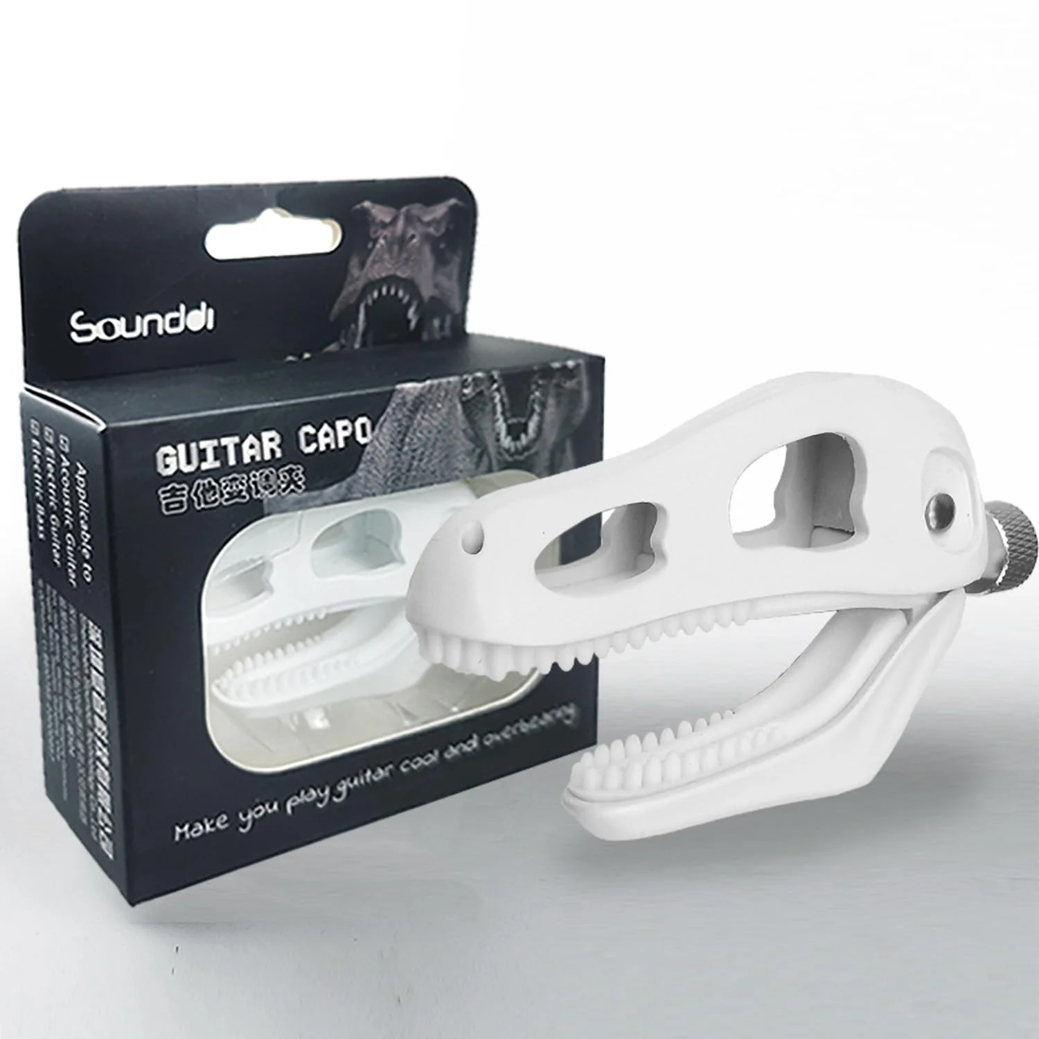 Dragon Skull Guitar Capo - Zinc Alloy Clamp with Silicone Teeth, Universal Adjustable Capo for Acoustic/Electric Guitars, Bass, Ukulele | Non-Slip Design, No Buzzing, Tyrannosaurus Head Shape (White) White - Image 6