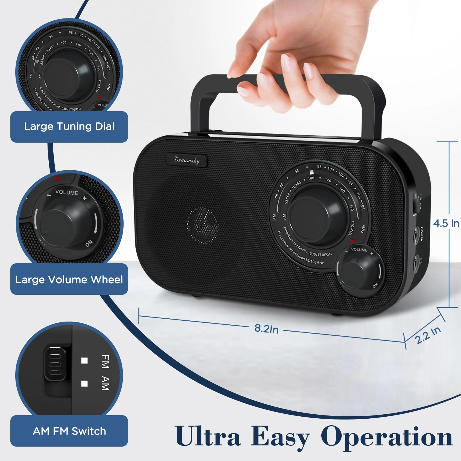 DreamSky AM FM Portable Radio Plug in Wall or Battery Operated for Home & Outdoor, Strong Reception, Large Dial Easy to Use, Transistor Antenna, Headphone Jack, Small Gifts for Seniors Elderly Black - Image 3