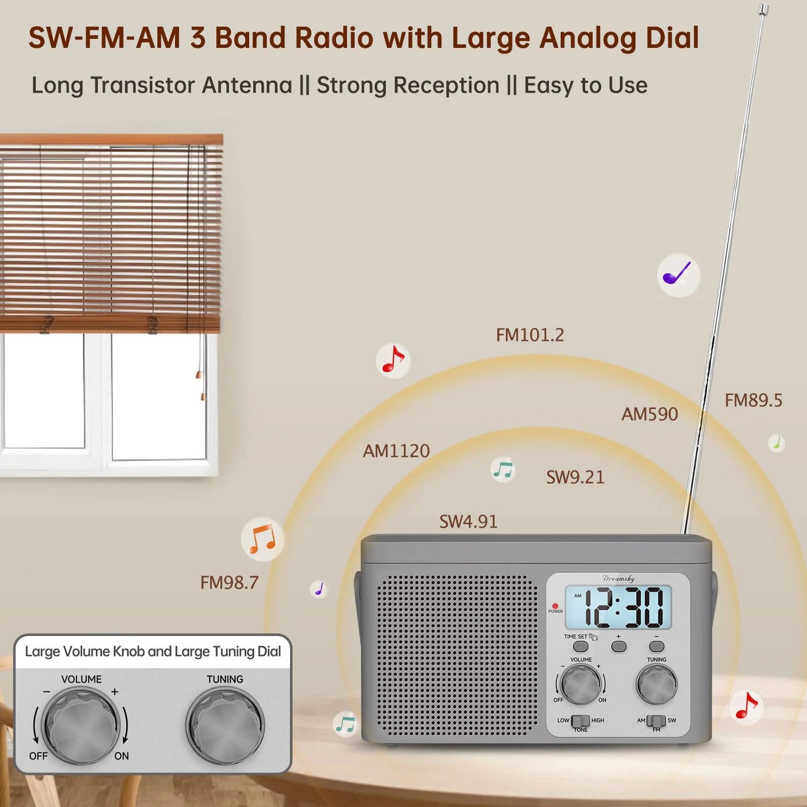 DreamSky AM FM Radio Portable - Shortwave Radio Battery Powered or Plug in Wall for Home Outdoor, Strong Reception, Large Dial Easy to Use, Digital Time Display, Transistor Antenna, Seniors Small Gift Grey - Image 2