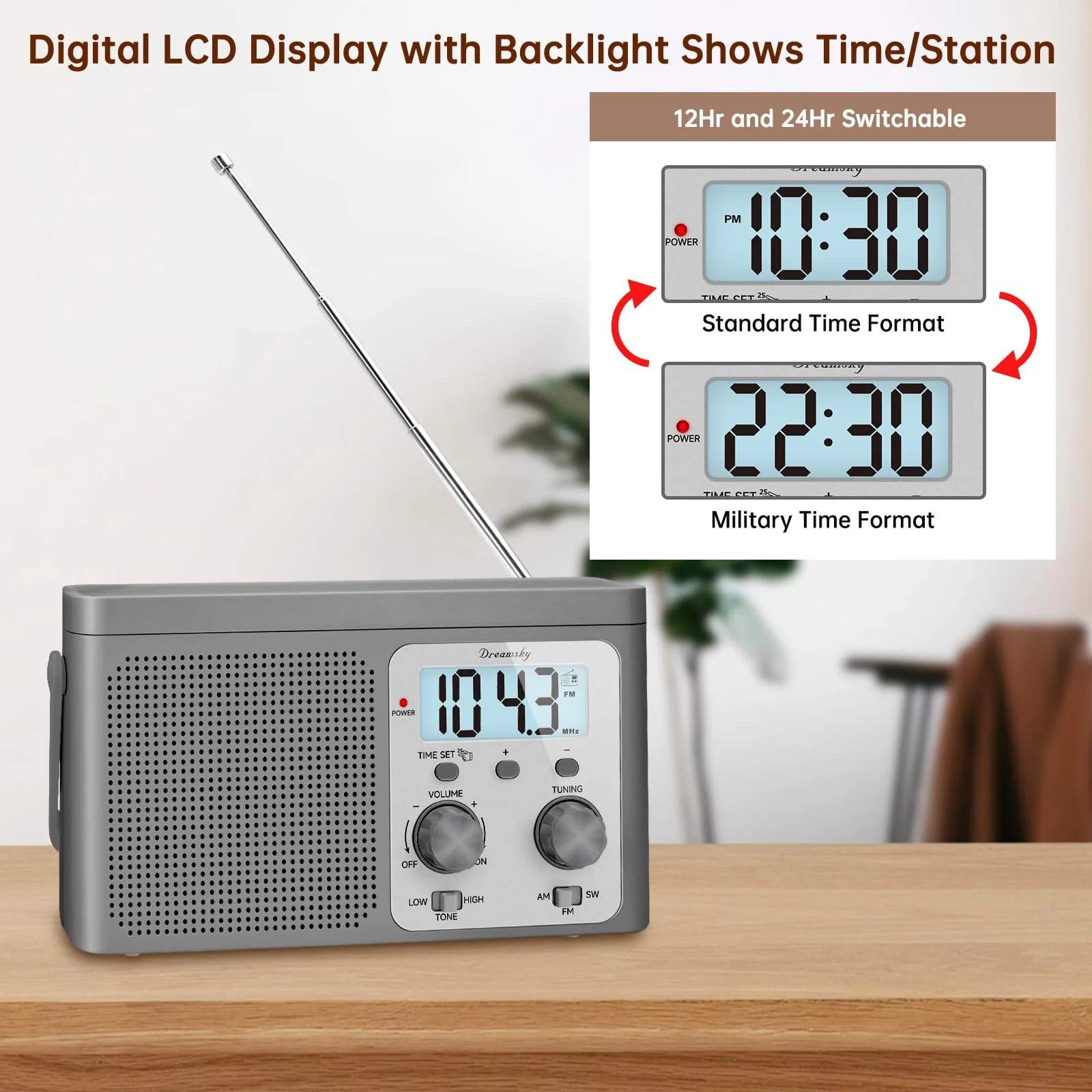 DreamSky AM FM Radio Portable - Shortwave Radio Battery Powered or Plug in Wall for Home Outdoor, Strong Reception, Large Dial Easy to Use, Digital Time Display, Transistor Antenna, Seniors Small Gift Grey - Image 4