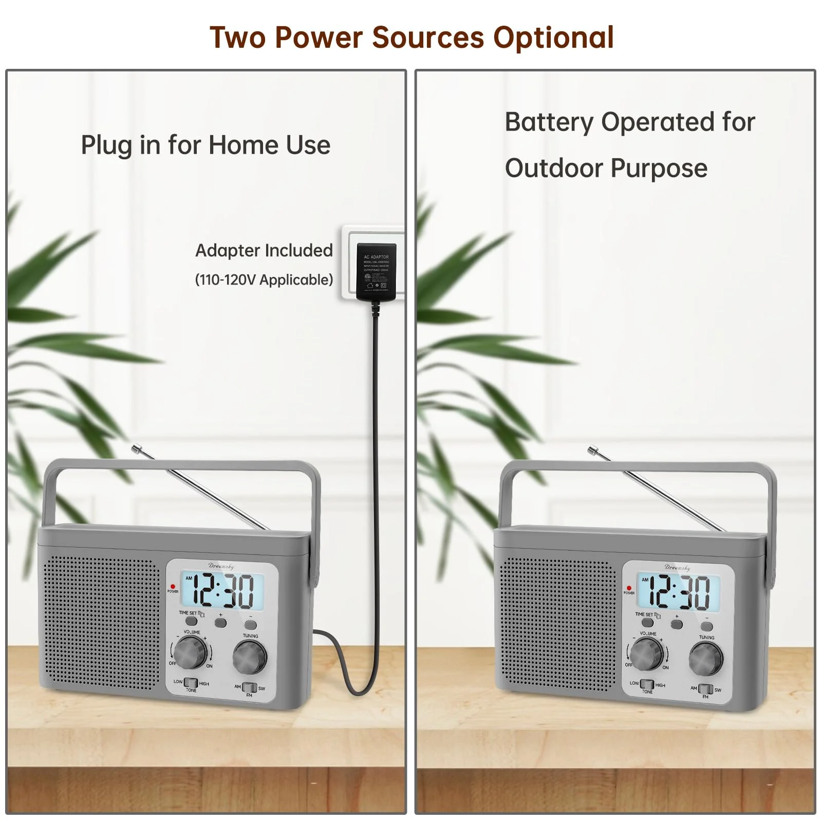 DreamSky AM FM Radio Portable - Shortwave Radio Battery Powered or Plug in Wall for Home Outdoor, Strong Reception, Large Dial Easy to Use, Digital Time Display, Transistor Antenna, Seniors Small Gift Grey - Image 5