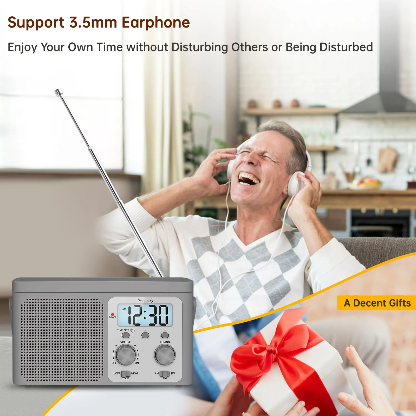 DreamSky AM FM Radio Portable - Shortwave Radio Battery Powered or Plug in Wall for Home Outdoor, Strong Reception, Large Dial Easy to Use, Digital Time Display, Transistor Antenna, Seniors Small Gift Grey - Image 6
