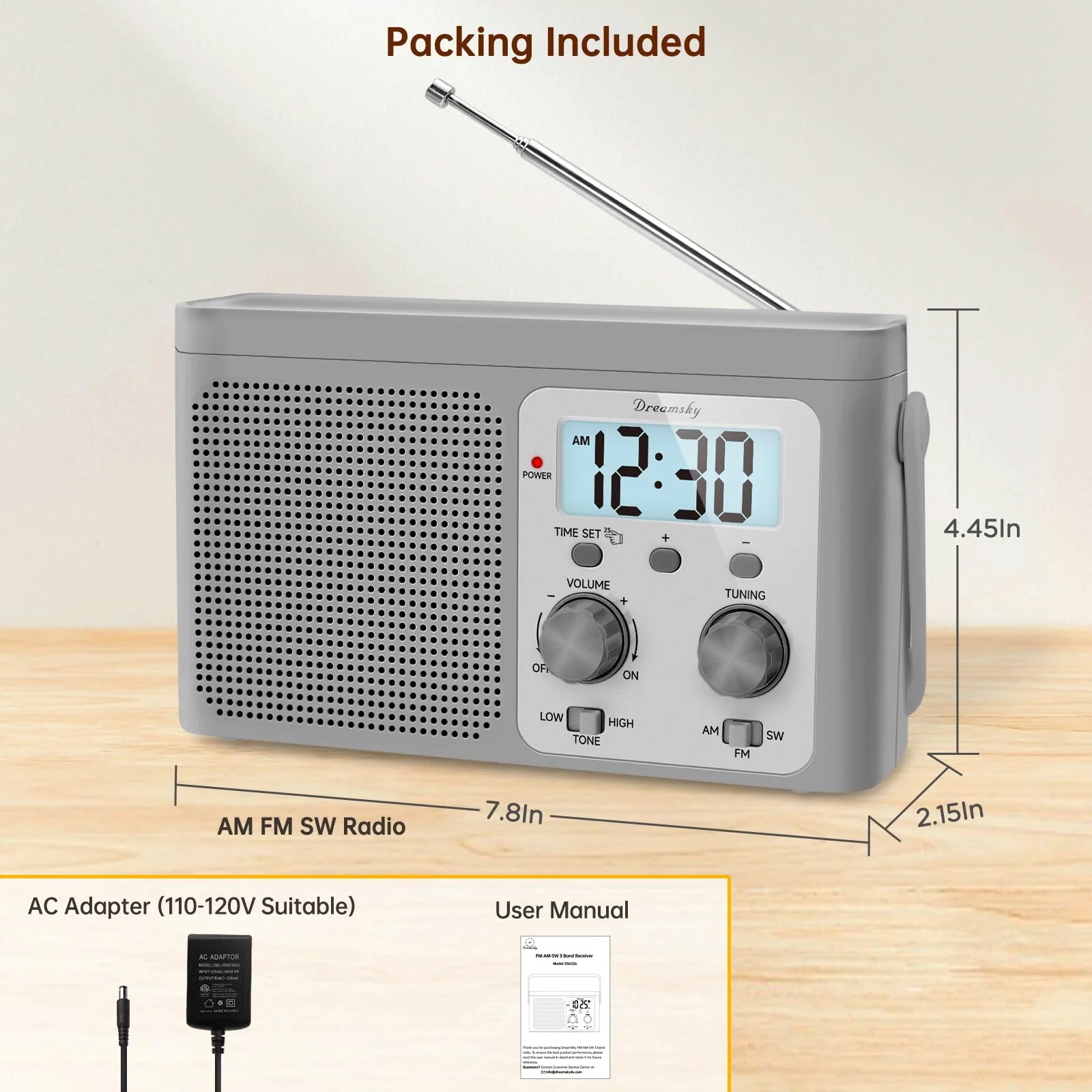DreamSky AM FM Radio Portable - Shortwave Radio Battery Powered or Plug in Wall for Home Outdoor, Strong Reception, Large Dial Easy to Use, Digital Time Display, Transistor Antenna, Seniors Small Gift Grey - Image 7