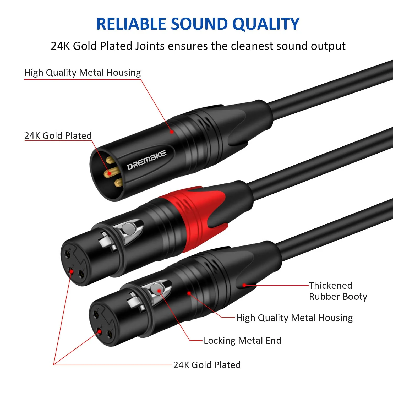 DREMAKE Balanced XLR Microphone Y Splitter Audio Cable, XLR Male to Dual XLR Female Y Cord, 3-Pin XLR Male to Double XLR Female Mic Adapter Converter Cable 6 Feet 2 Female to 1 Male XLR Plug - Image 2