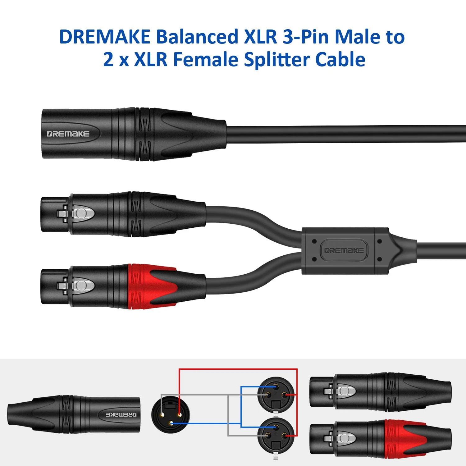 DREMAKE Balanced XLR Microphone Y Splitter Audio Cable, XLR Male to Dual XLR Female Y Cord, 3-Pin XLR Male to Double XLR Female Mic Adapter Converter Cable 6 Feet 2 Female to 1 Male XLR Plug - Image 4