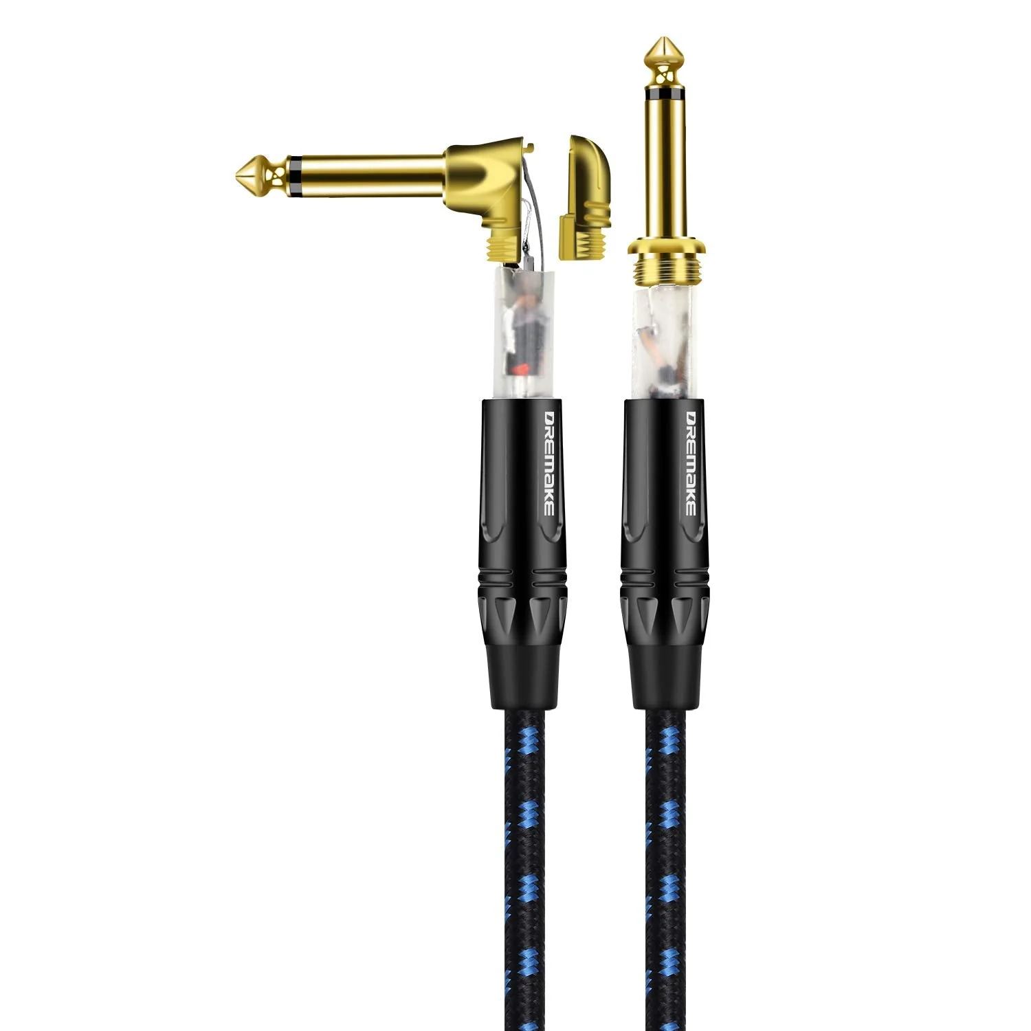 DREMAKE Cable 1/4" (6.3mm) Straight to Right Angle, Black/Blue Braided Tweed 1/4 Inch to 1/4 Inch Patch Cord, 25FT Instrument Guitar Cable for Keyboards, Electric Mandolin, Pro Audio to Amp 25FT/7.5M Black&Blue - Image 2