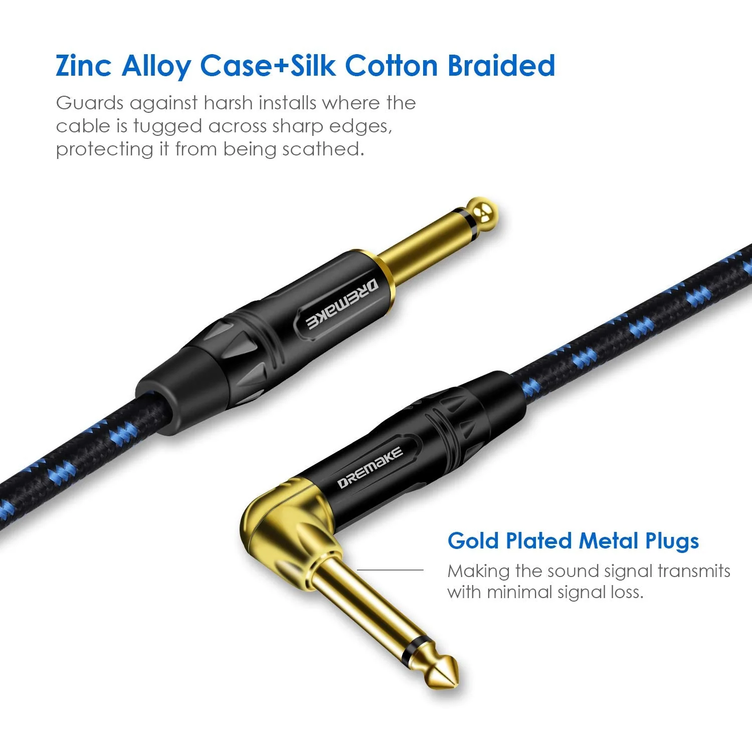 DREMAKE Cable 1/4" (6.3mm) Straight to Right Angle, Black/Blue Braided Tweed 1/4 Inch to 1/4 Inch Patch Cord, 25FT Instrument Guitar Cable for Keyboards, Electric Mandolin, Pro Audio to Amp 25FT/7.5M Black&Blue - Image 3