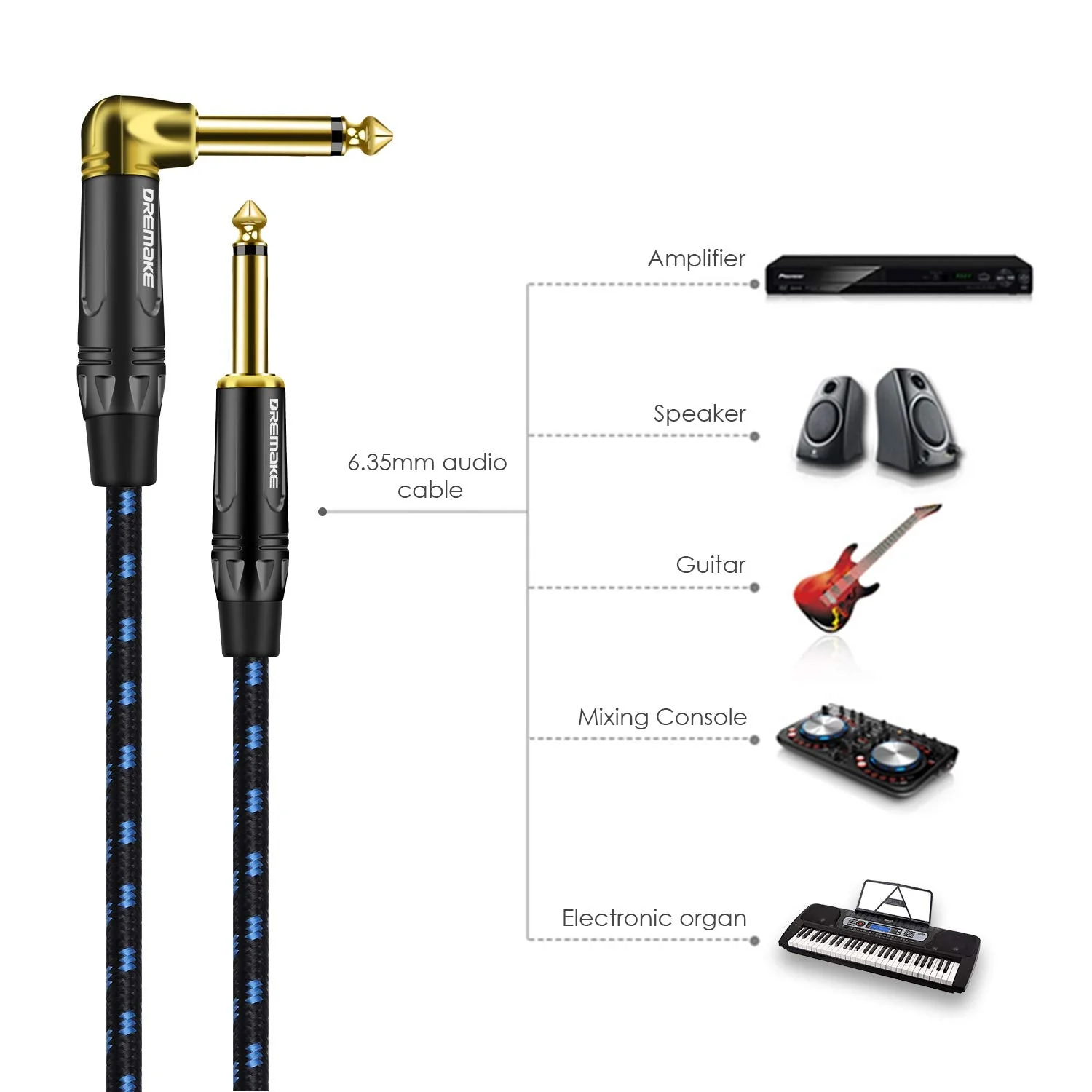 DREMAKE Cable 1/4" (6.3mm) Straight to Right Angle, Black/Blue Braided Tweed 1/4 Inch to 1/4 Inch Patch Cord, 25FT Instrument Guitar Cable for Keyboards, Electric Mandolin, Pro Audio to Amp 25FT/7.5M Black&Blue - Image 5