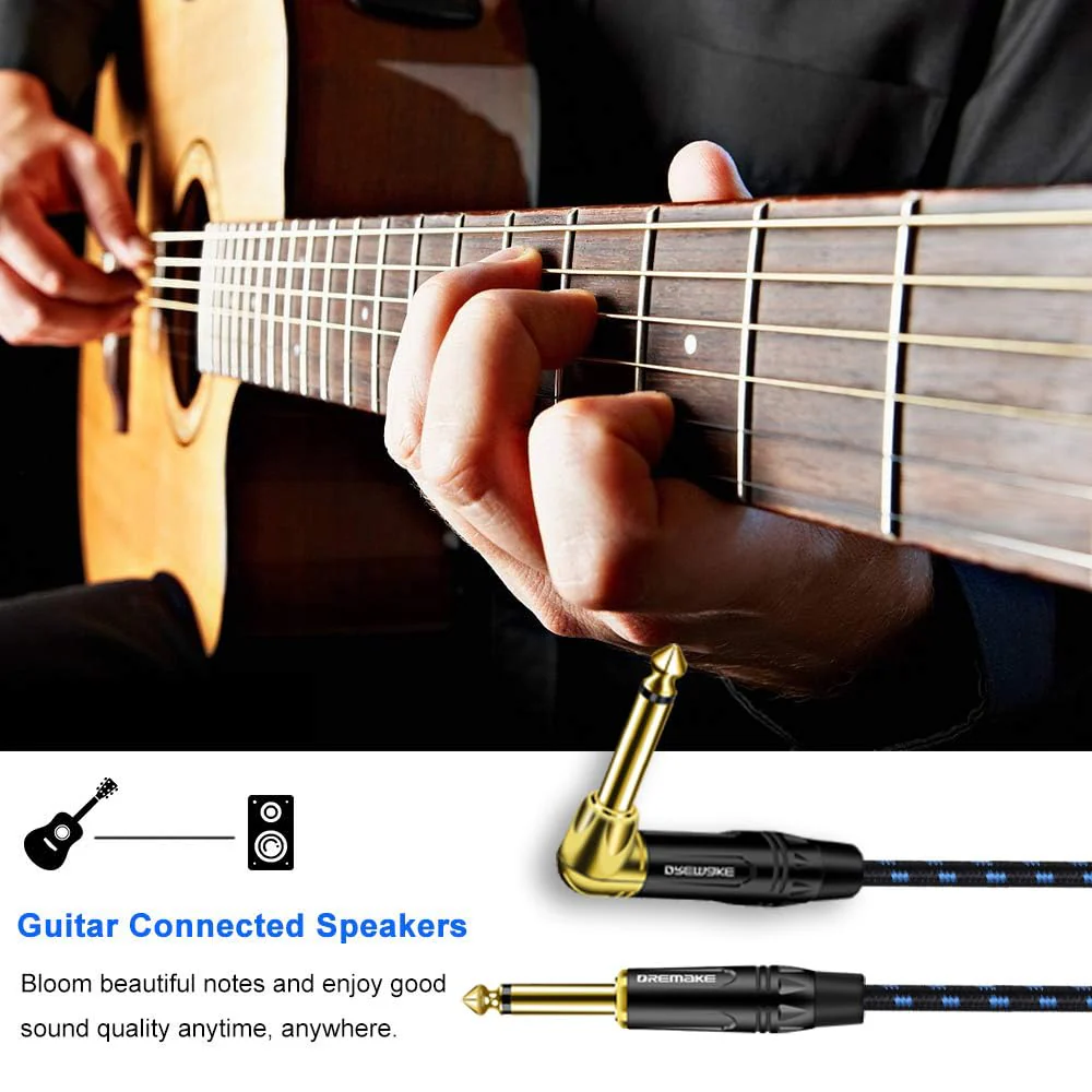 DREMAKE Cable 1/4" (6.3mm) Straight to Right Angle, Black/Blue Braided Tweed 1/4 Inch to 1/4 Inch Patch Cord, 25FT Instrument Guitar Cable for Keyboards, Electric Mandolin, Pro Audio to Amp 25FT/7.5M Black&Blue - Image 6