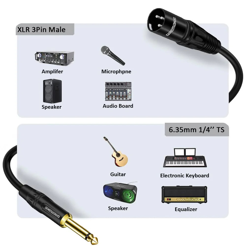 DREMAKE Mono 6.35mm to XLR 3-Pin Audio Cable, 33FT Quarter Inch to XLR Unbalanced Mic Cable for Speakers, Stage, DJ, AMP, Studio Audio Console 33FT/10M - Image 3