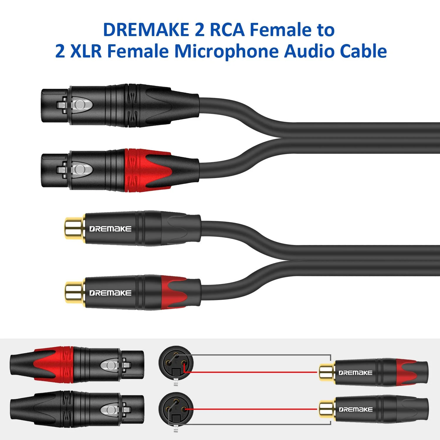 DREMAKE RCA to XLR Cable 10FT, 2RCA Female to 2XLR Female Audio Extension Cord, Unbalanced Female XLR to Female RCA Extender Speaker Cable for Amplifier, Mixing Board, Subwoofer, DJ Controller - 3M 10FT/3.0M - Image 4