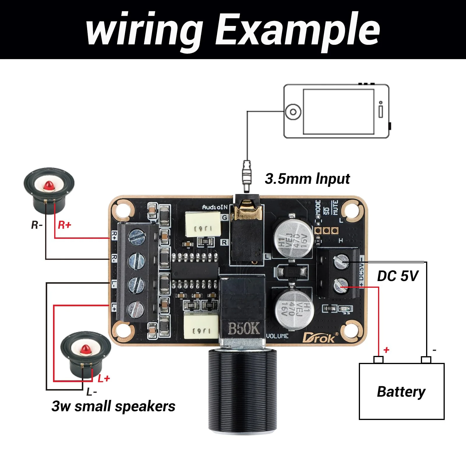 DROK Audio Amplifier Board, 5W+5W Mini Amplifier Board PAM8406 DC 5V Digital Stereo Power Amp 2.0 Dual Channel Class D Amplify Module for Speaker Sound System DIY - Image 3