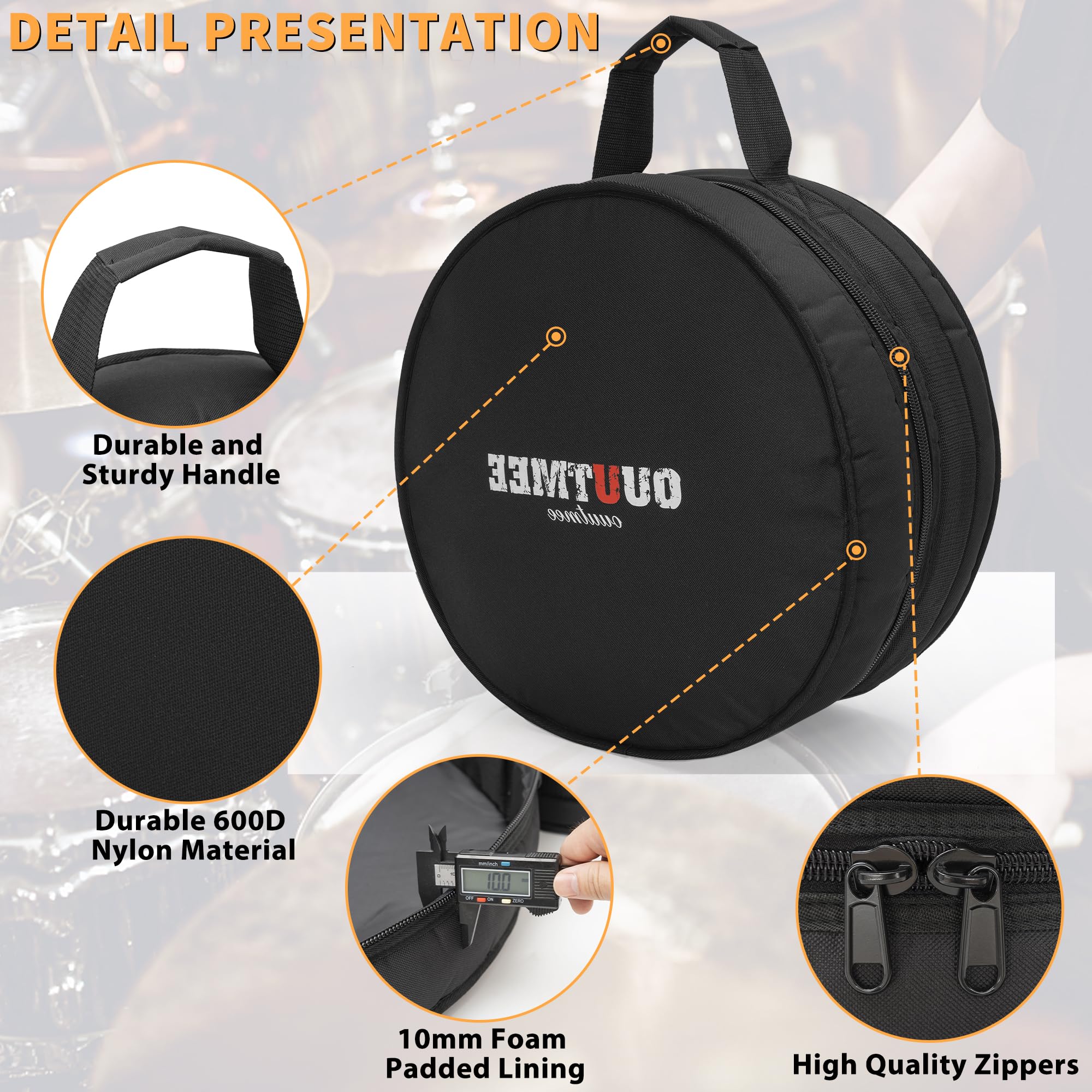 Drum Bag For Snare 14"x5.5"/14"x6.5", 10mm Thick Padded Travel Drum Case 14"x5.5"/14"x6.5" Snare Drum - Image 3