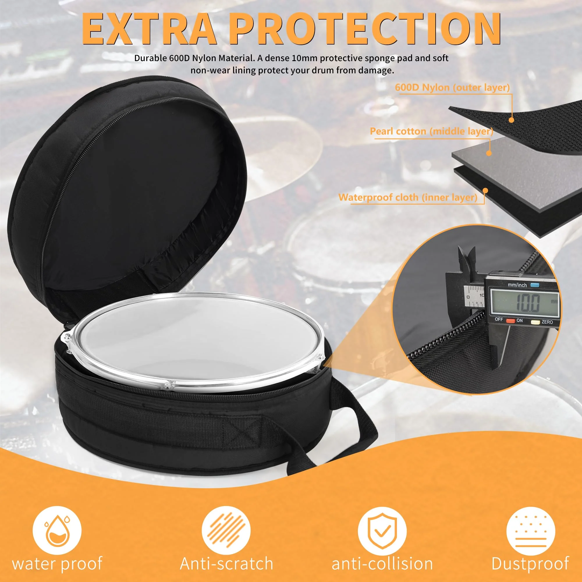 Drum Bag For Snare 14"x5.5"/14"x6.5", 10mm Thick Padded Travel Drum Case 14"x5.5"/14"x6.5" Snare Drum - Image 4