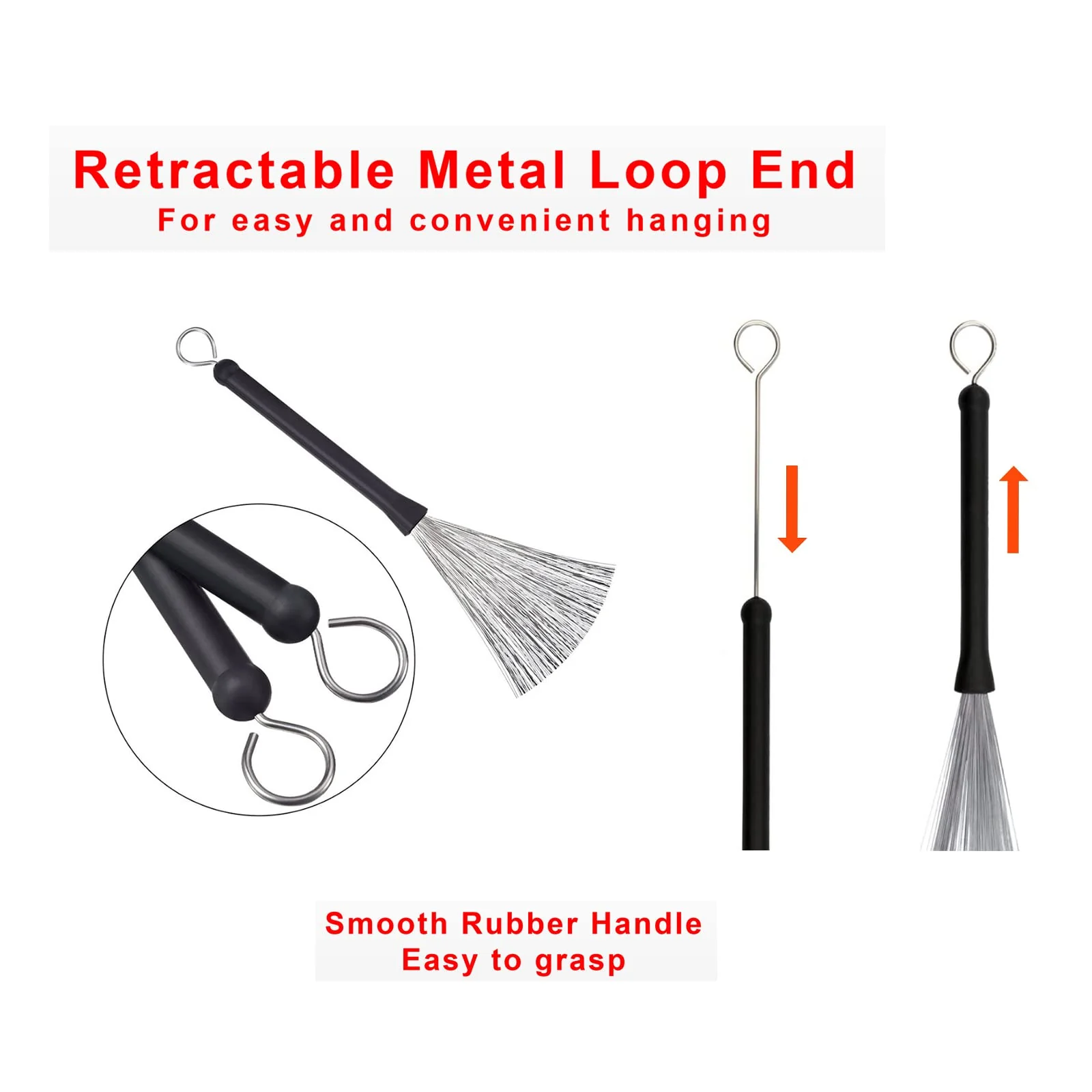 Drum Brushes Set 1 Pair Retractable Wire Brushes and 1 Pair Nylon Brushes Set with Rubber Handles for Cajon Jazz Percussion Accessories - Image 3