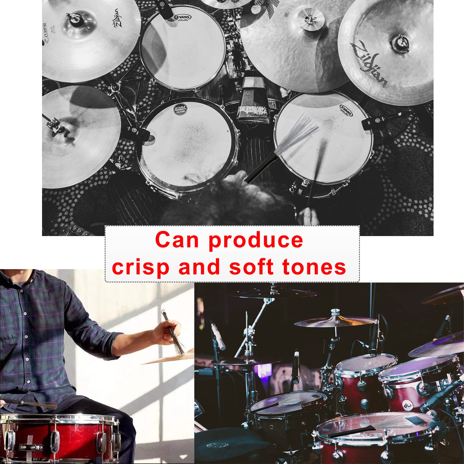 Drum Brushes Set 1 Pair Retractable Wire Brushes and 1 Pair Nylon Brushes Set with Rubber Handles for Cajon Jazz Percussion Accessories - Image 6