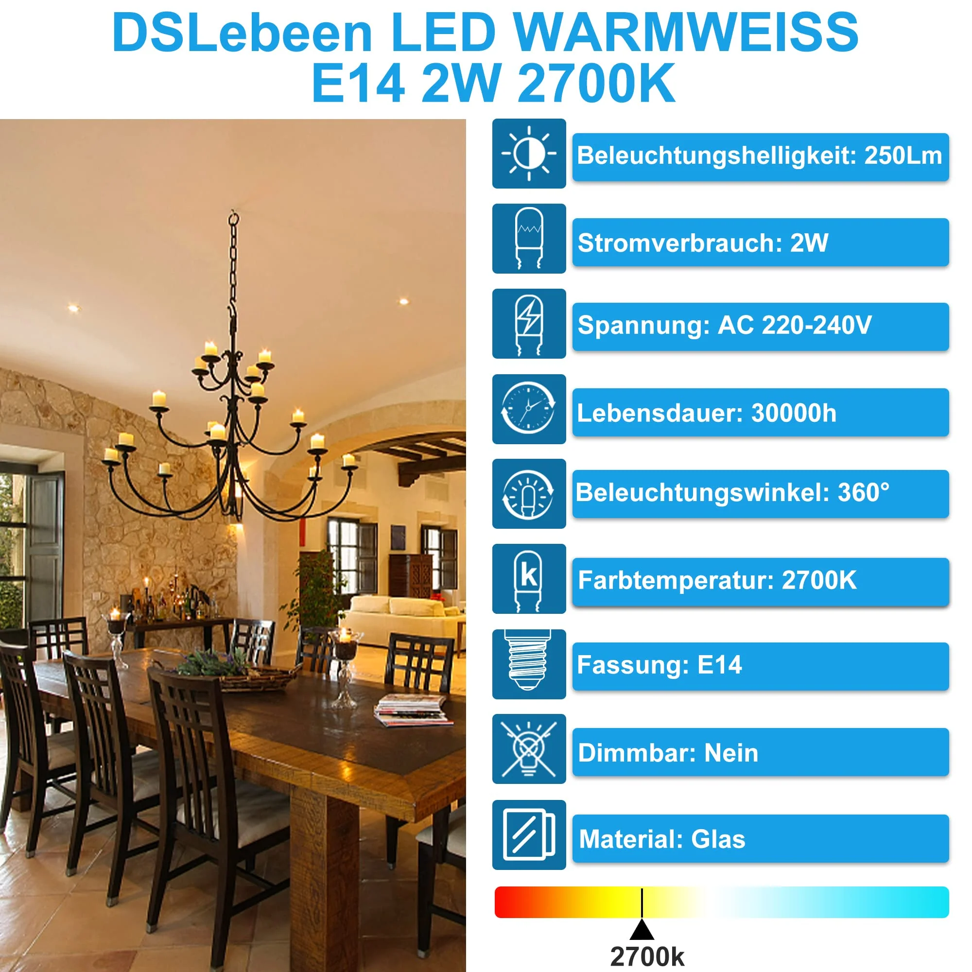 DSLebeen E14 LED Warm White Light Bulb Fridge Lamp 2 W 250 LM Replacement Bulb 25 W 2700 K Mini LED Bulbs for Night Light, Salt Lamp, Chandelier Not Dimmable 230 V AC Pack of 2 2-Warm White - Image 2
