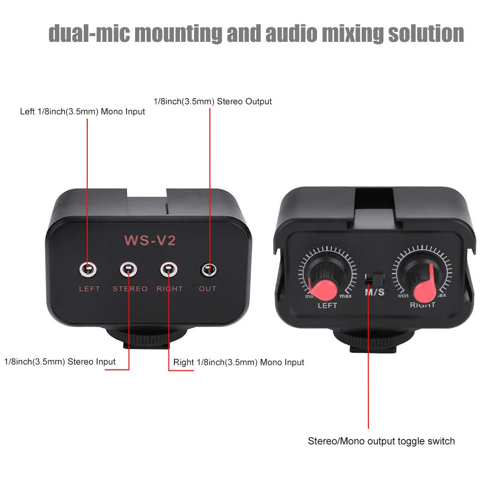 DSLR Cameras Audio Mixer Adapter, WS V2 Channel Small Microphone Audio Mixer for DSLR Cameras Mono 1/8inch(3.5mm) inputs/Stereo 1/8inch(3.5mm) Input / 1/8inch(3.5mm) Stereo - Image 3