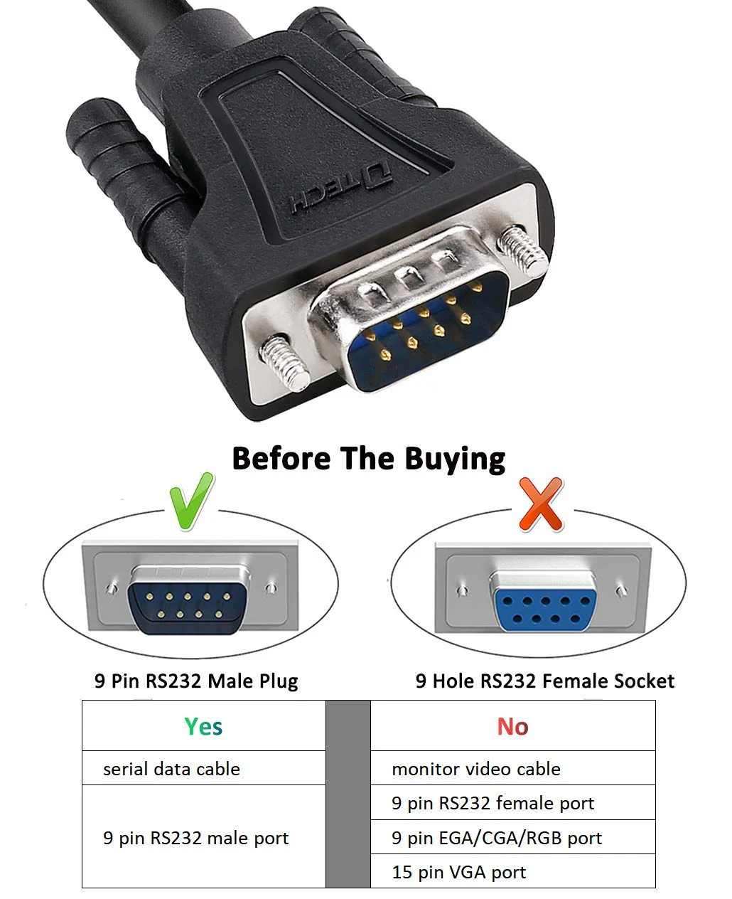 DTech 15ft DB9 Serial Cable COM Port Male to Male RS232 Straight Through 9 Pin Data Cord - Image 2