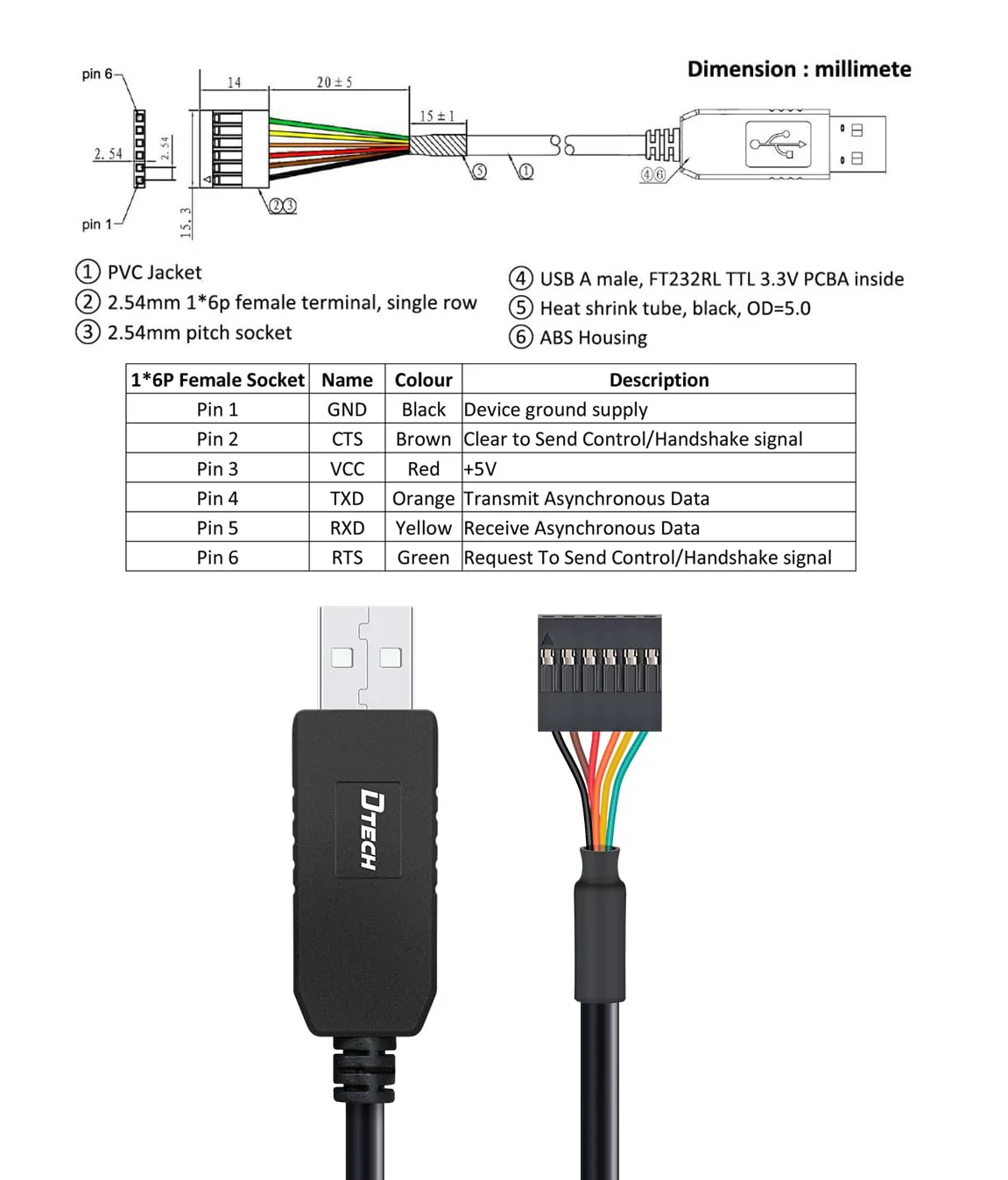DTECH 3ft USB to TTL Serial Cable 3.3V 6 Pin UART Adapter Debug Cord Compatible with Windows 11 10 8 7 Linux MAC OS Genuine FT232RL Chip 6Pin 3v3 Level Signal 2.54mm Dupont Female Header - Image 3