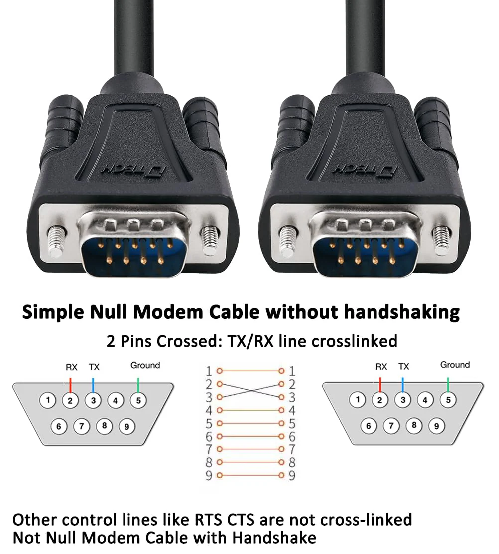 DTech 5ft DB9 to DB9 RS232 Serial Cable Male to Male Simple Null Modem Cord Cross TX RX line 2 Pin Crossed Without Handshake for Computer Data Communication (5 Feet, Black) - Image 2
