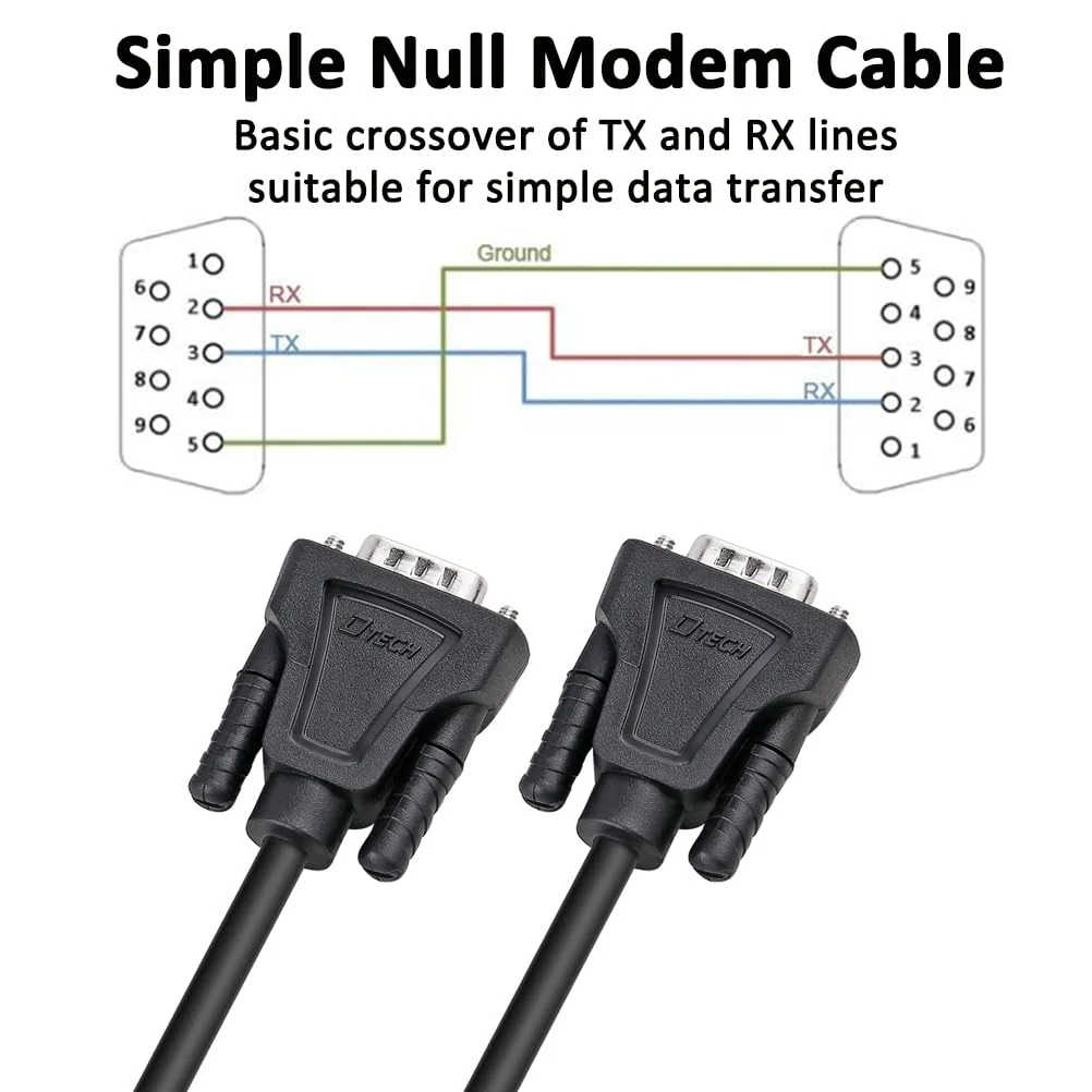 DTech 6ft DB9 to DB9 RS232 Serial Cable Male to Male Simple Null Modem Cord Cross TX RX line 2 Pin Crossed Without Handshake for Computer Data Communication (6 Feet, Black) - Image 6
