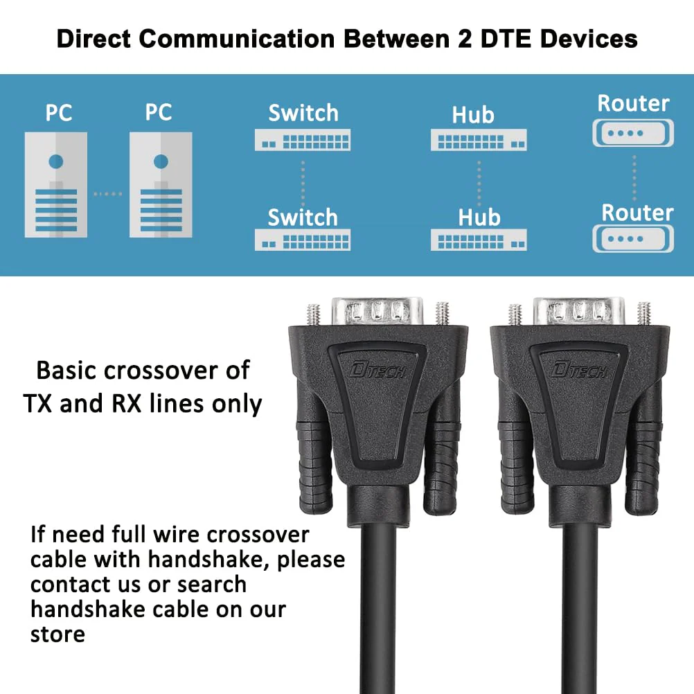 DTech 6ft DB9 to DB9 RS232 Serial Cable Male to Male Simple Null Modem Cord Cross TX RX line 2 Pin Crossed Without Handshake for Computer Data Communication (6 Feet, Black) - Image 7