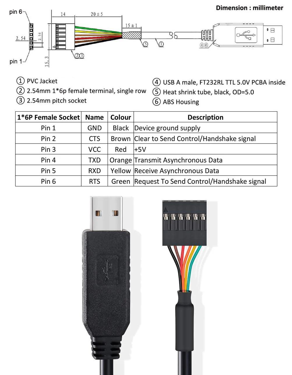 DTECH FTDI USB to TTL Serial 5V Adapter Cable 6 Pin 0.1 inch Pitch Female Socket Header UART IC FT232RL Chip Windows 10 8 7 Linux MAC OS (6ft, Black) 6ft/1.8m - Image 3