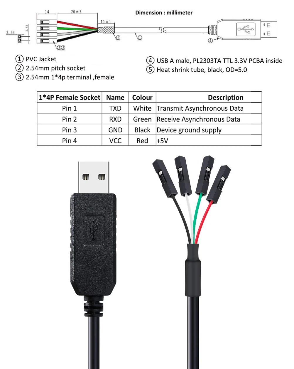 DTECH USB to TTL Serial 3.3V Adapter Cable TX RX Signal 4 Pin 0.1 inch Pitch Female Socket PL2303 Prolific Chip Windows 10 8 7 XP Vista (6ft, Black) 6ft/1.8m - Image 3