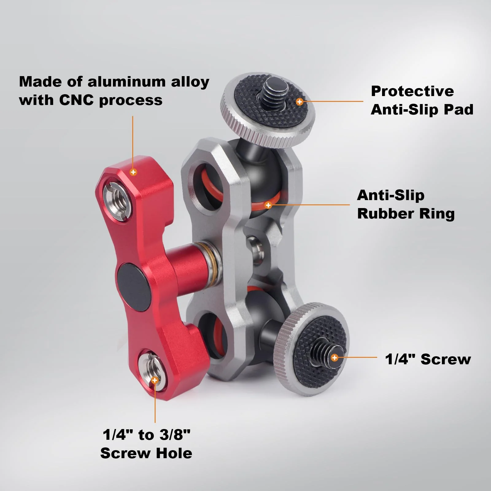 Dual Ball Head Camera Mount with 360 Degree Adjustment - Aluminum Alloy Clamp for Insta360/GoPr0/Camera Cage/LED Light/Microphone - 1/4" & 3/8" Screw Holes with Anti-Slip Design 61013 - Image 4