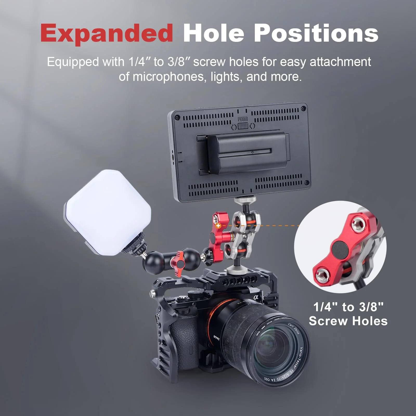 Dual Ball Head Camera Mount with 360 Degree Adjustment - Aluminum Alloy Clamp for Insta360/GoPr0/Camera Cage/LED Light/Microphone - 1/4" & 3/8" Screw Holes with Anti-Slip Design 61013 - Image 5