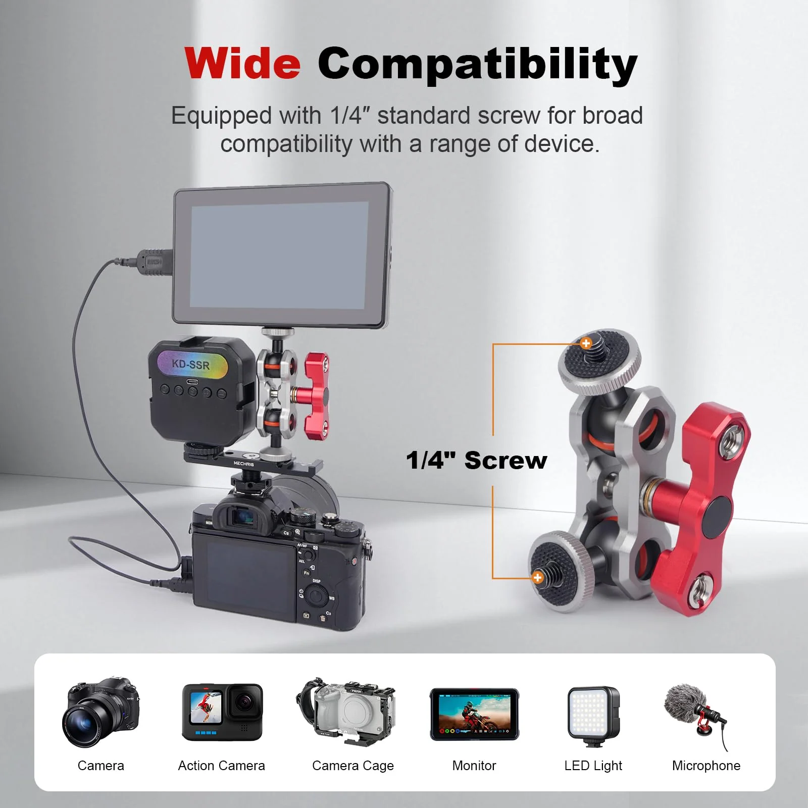Dual Ball Head Camera Mount with 360 Degree Adjustment - Aluminum Alloy Clamp for Insta360/GoPr0/Camera Cage/LED Light/Microphone - 1/4" & 3/8" Screw Holes with Anti-Slip Design 61013 - Image 6