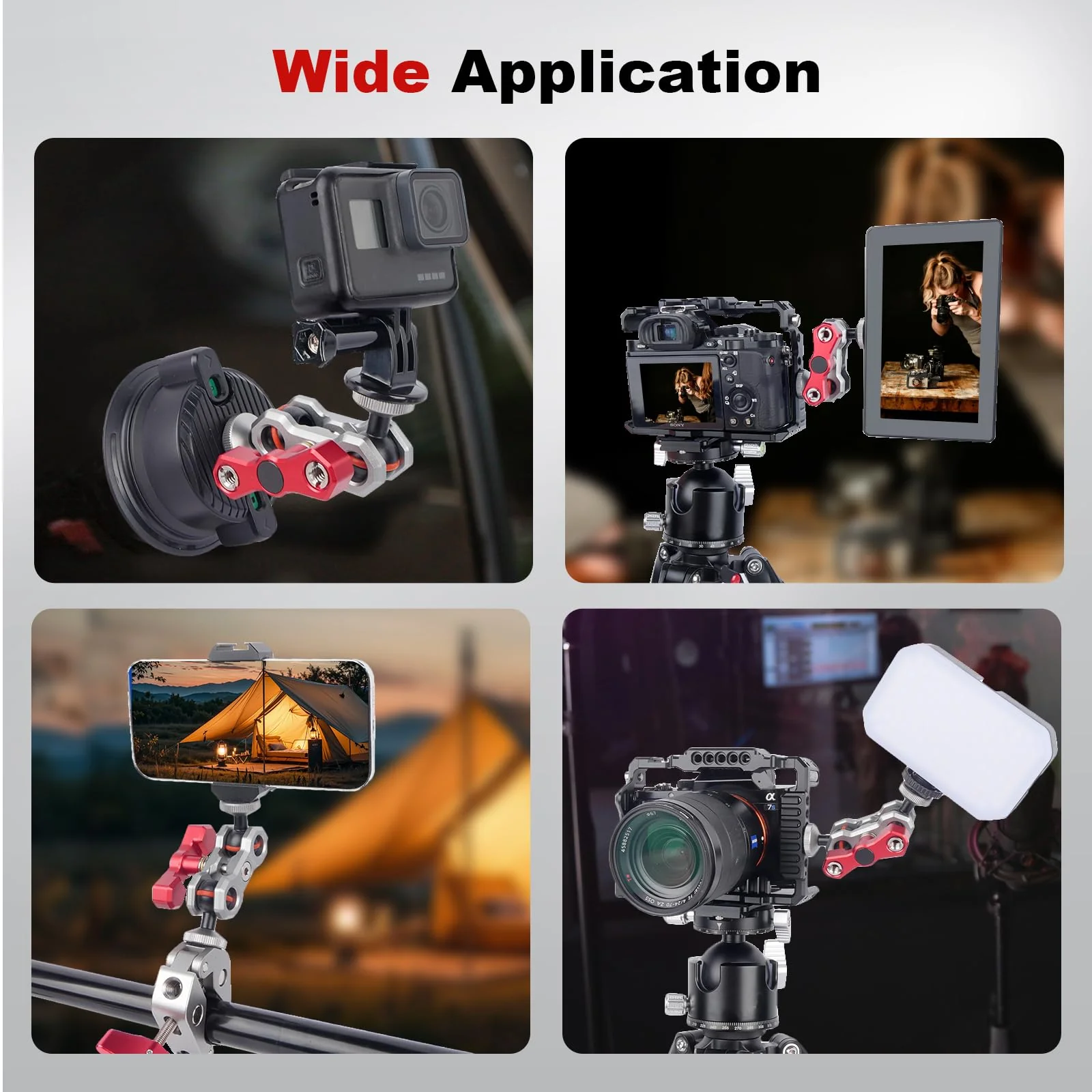 Dual Ball Head Camera Mount with 360 Degree Adjustment - Aluminum Alloy Clamp for Insta360/GoPr0/Camera Cage/LED Light/Microphone - 1/4" & 3/8" Screw Holes with Anti-Slip Design 61013 - Image 7