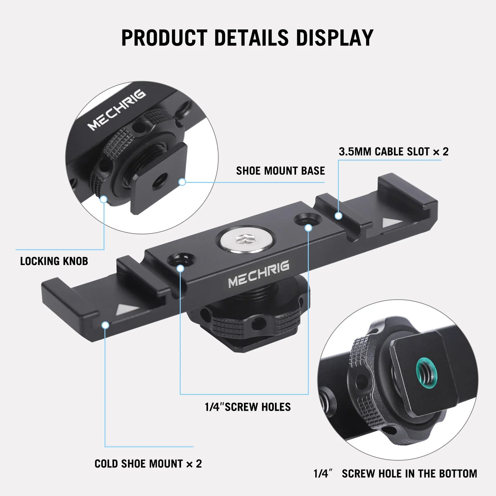 Dual Cold Shoe Extension Bar Mount, Aluminum Dual Hot Shoe Mount Bracket with 1/4" Thread & Cable Slot, Cold Shoe Bracket for DSLR Camera LED Video Light Microphone Monitor (62034) - Image 7