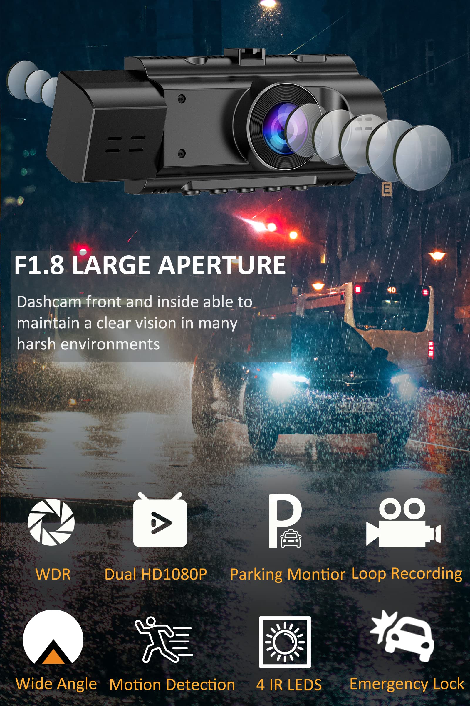 Dual Dash Cam Front and Inside FHD 1080P Dash Camera for Cars Dashcams for Cars with Infrared Night Vision, Car Camera Driving Recorder 24H Park Monitor Motion Detection G-Sensor for Taxi Uber Front and Inside without card - Image 2