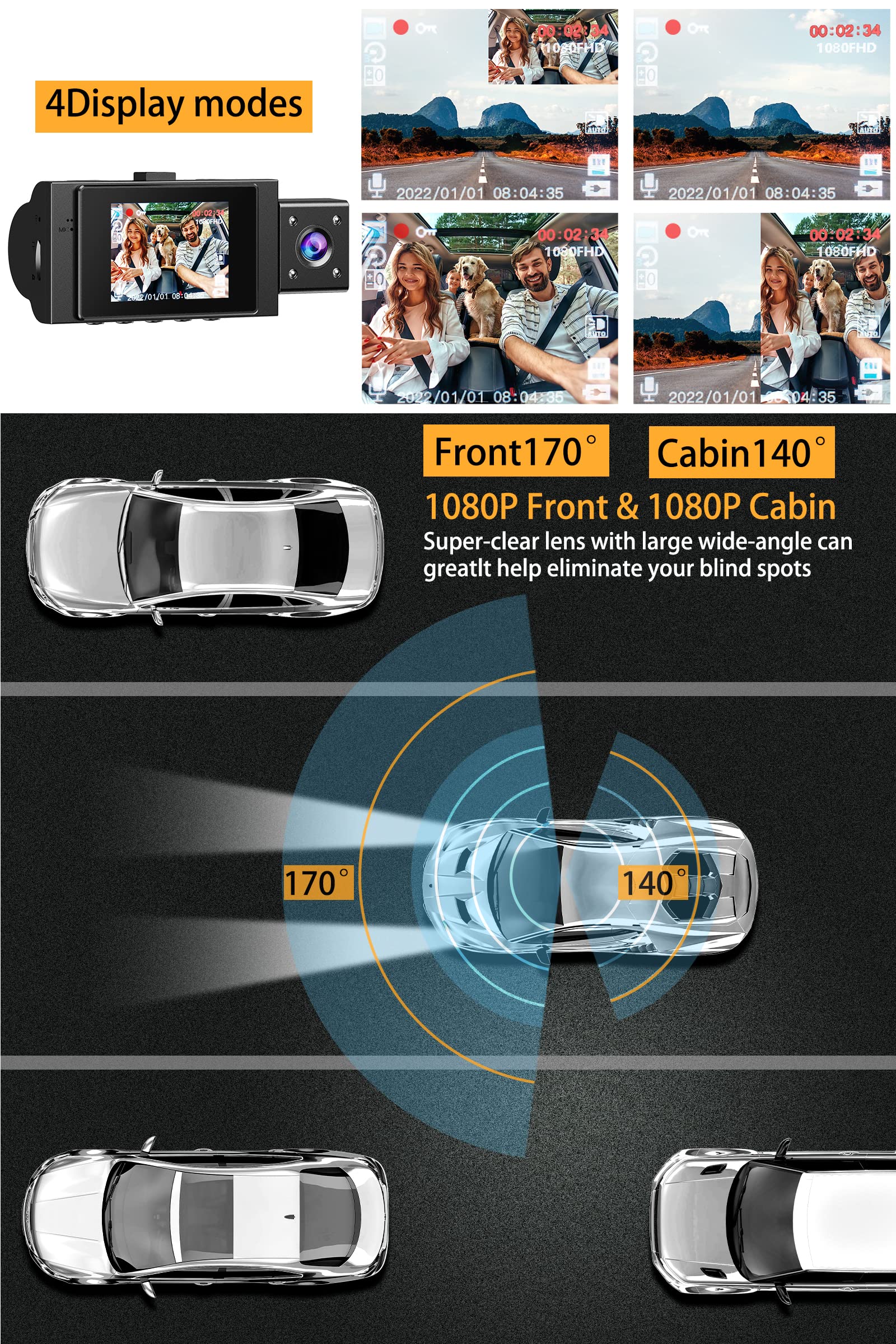 Dual Dash Cam Front and Inside FHD 1080P Dash Camera for Cars Dashcams for Cars with Infrared Night Vision, Car Camera Driving Recorder 24H Park Monitor Motion Detection G-Sensor for Taxi Uber Front and Inside without card - Image 3